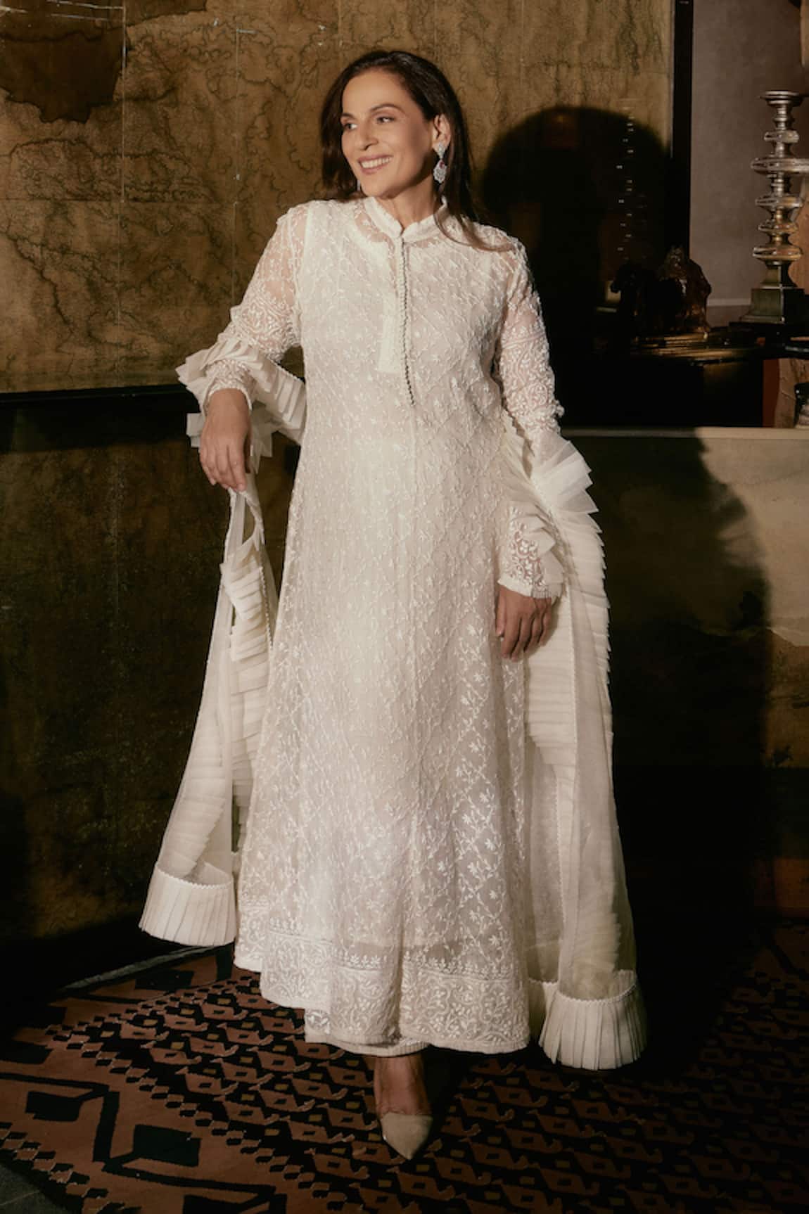 House Of Kotwara Ivory Organza Chikankari Kurta Set 
