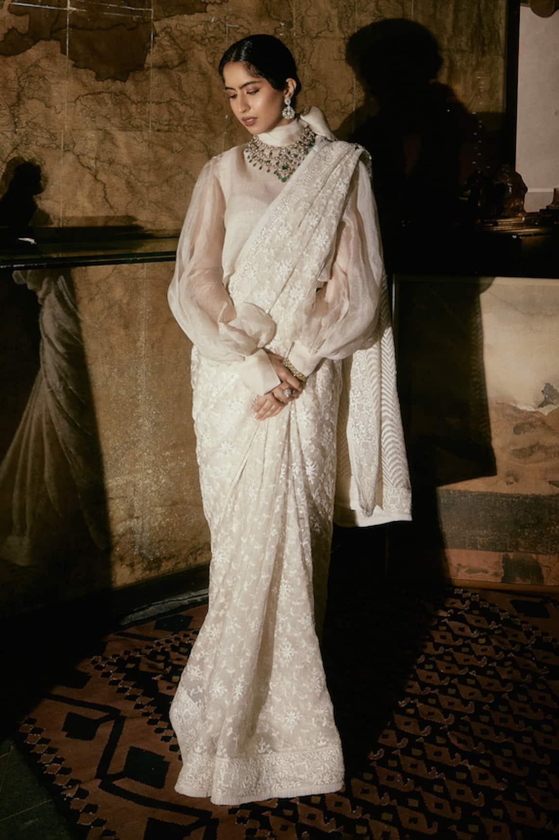 House Of Kotwara Ivory Organza Chikankari Saree Set 