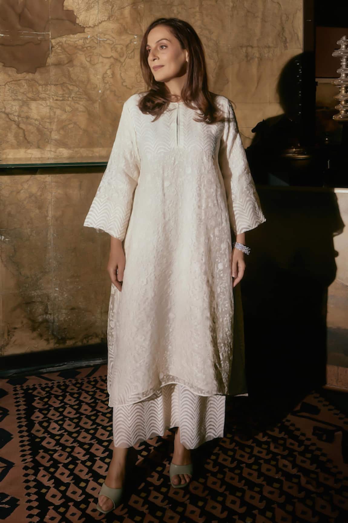 House Of Kotwara Ivory Organza Chikankari Kurta Set 