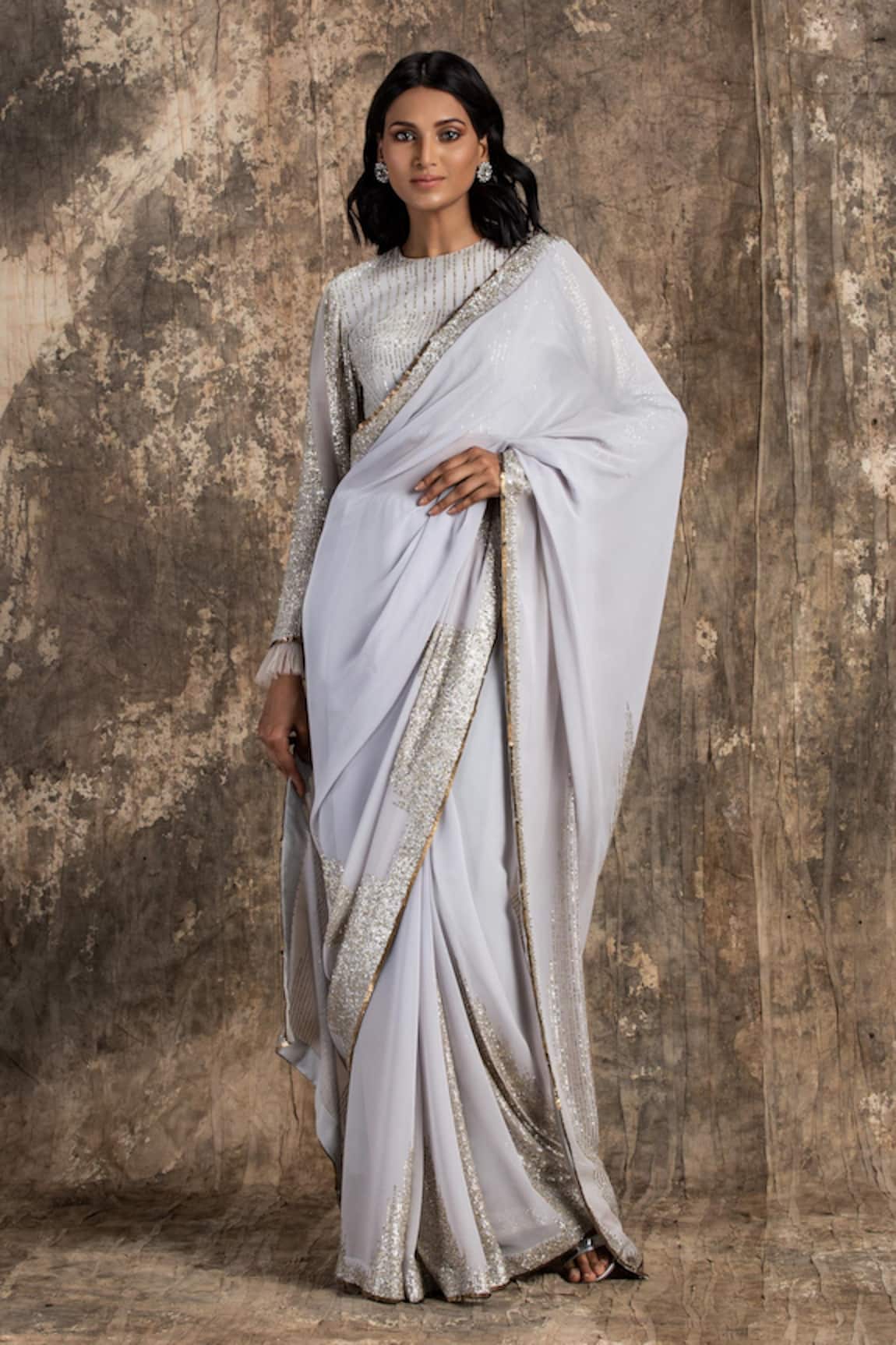 House Of Kotwara Lilac Grey Georgette Art Deco Saree Set 