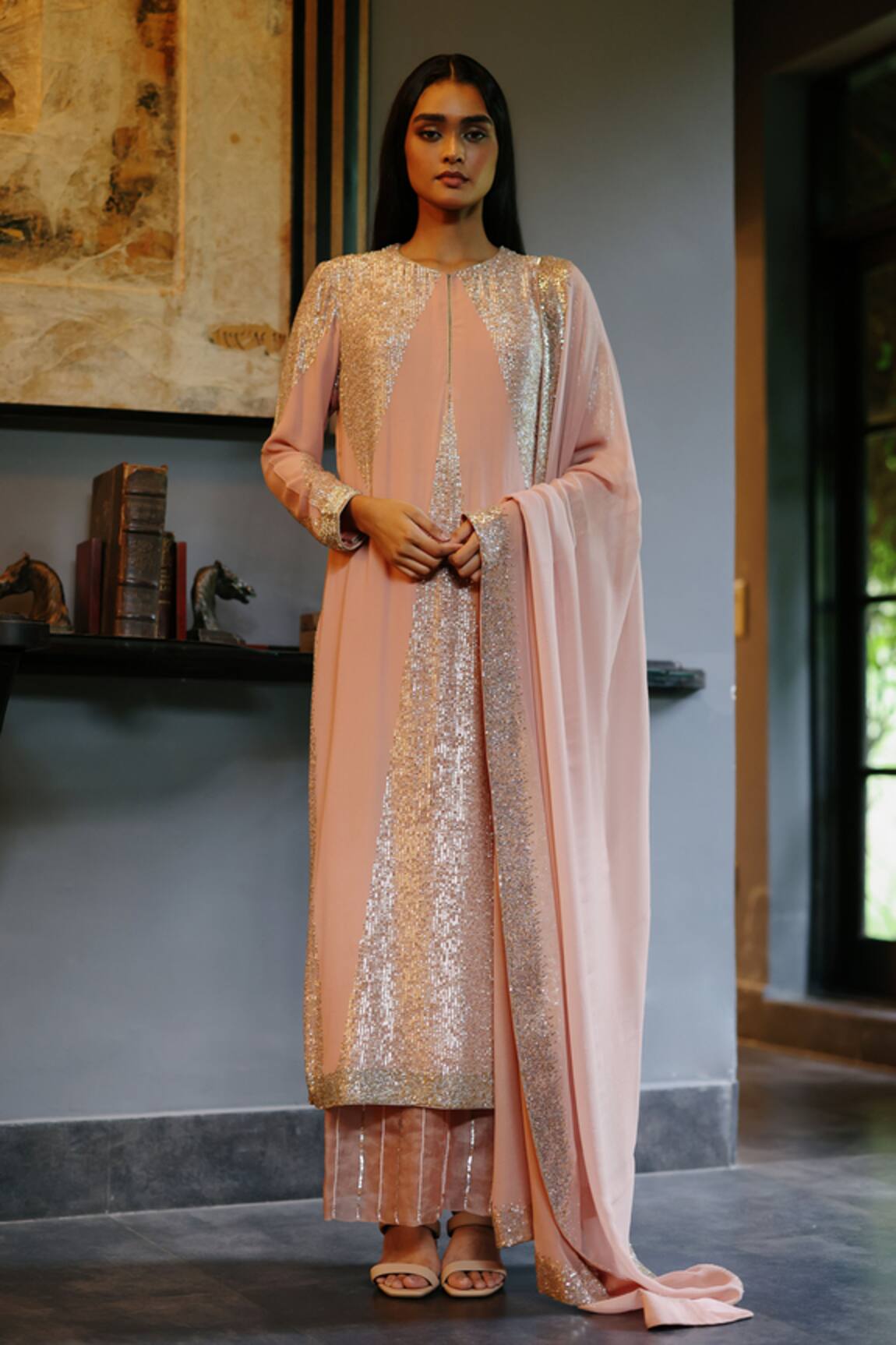 House Of Kotwara Vintage Rose Georgette Art Deco Kurta Set 