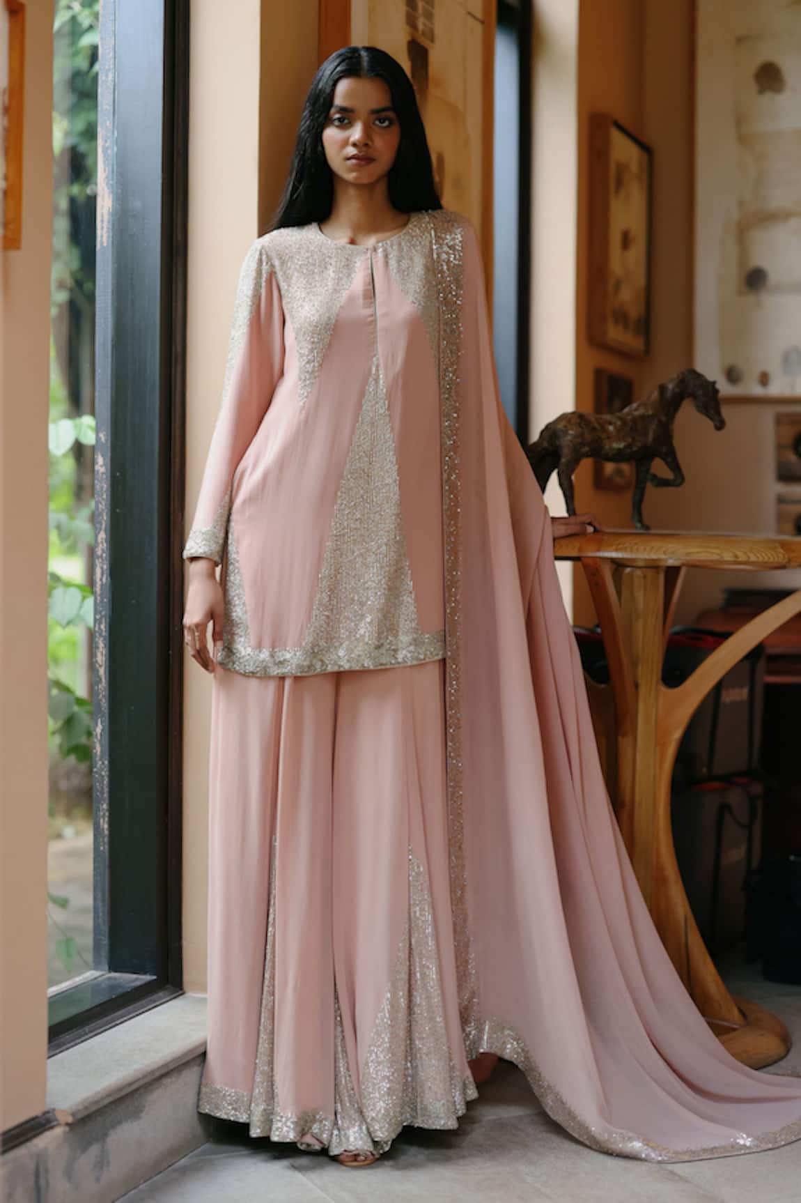 House Of Kotwara Vintage Rose Georgette Kurta Sharara Set 