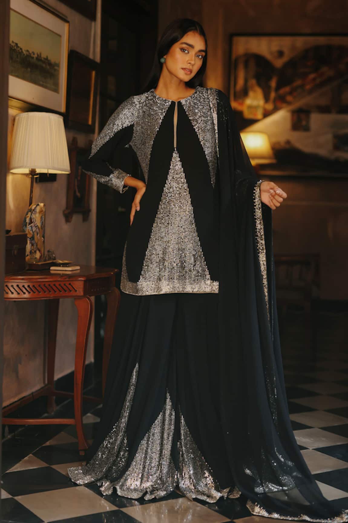 House Of Kotwara Black Georgette Art Deco Kurta Sharara Set 
