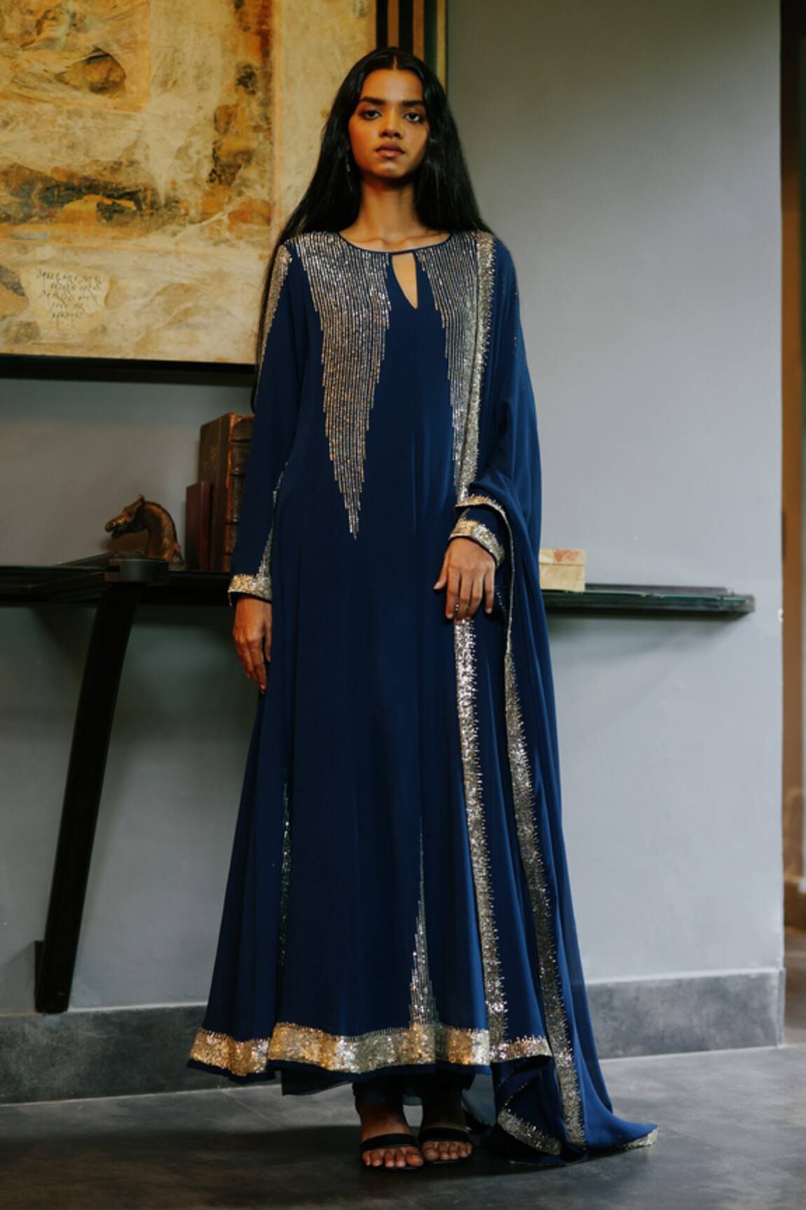House Of Kotwara Royal Blue Georgette Art Deco Choga Set 