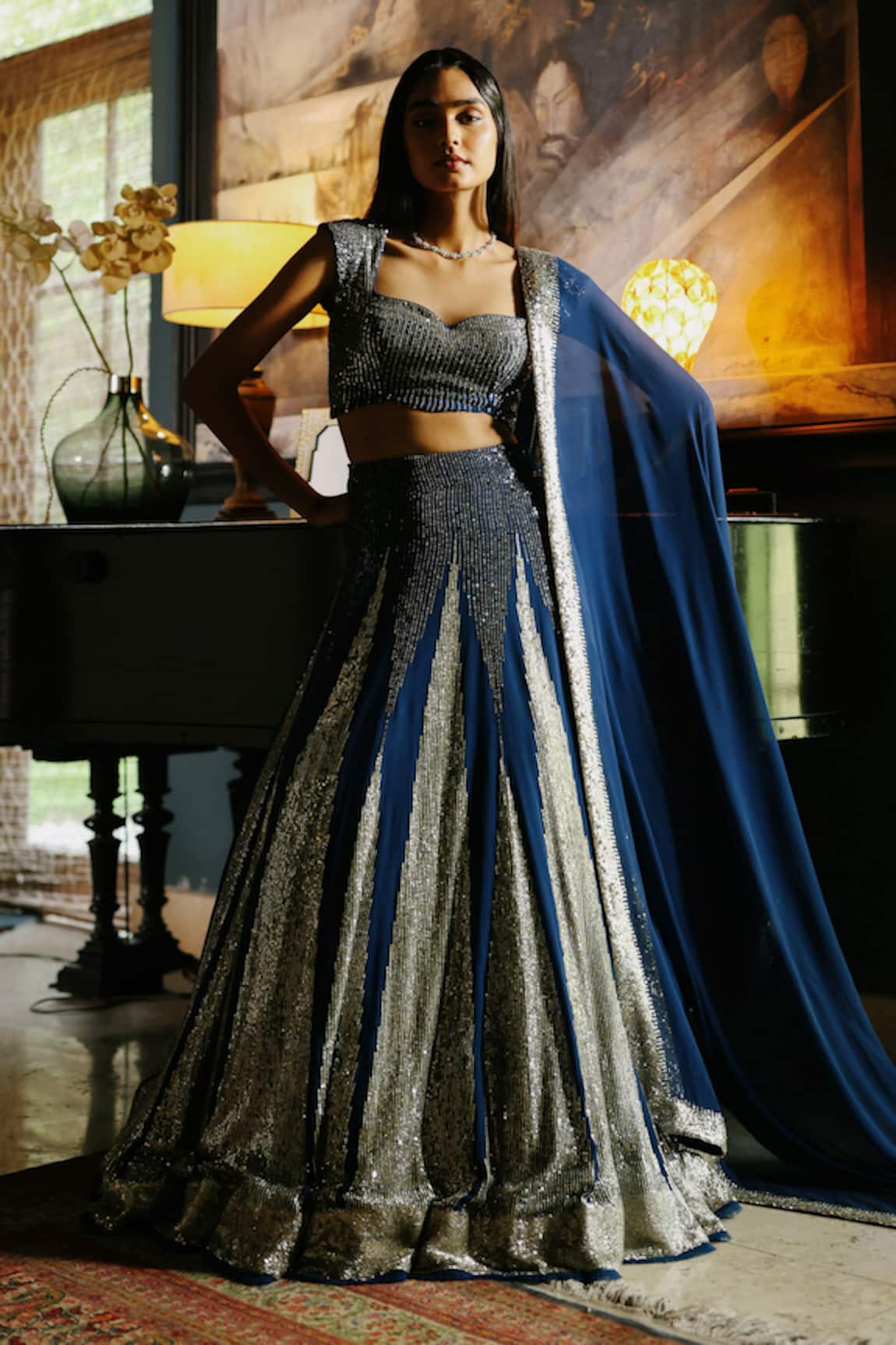 House Of Kotwara Royal Blue Georgette Art Deco Lehenga Set 