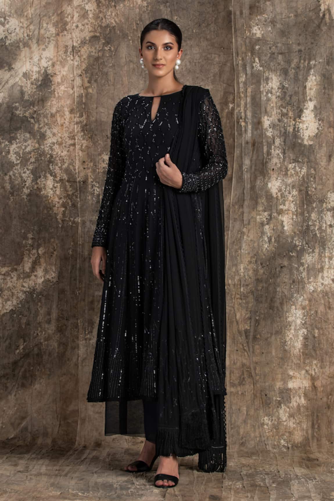 House Of Kotwara Black Georgette Barq Choga Kurta Set 