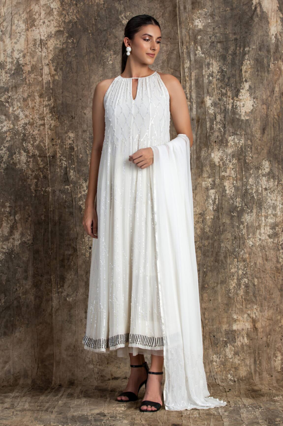 House Of Kotwara Ivory Georgette Barq Choga Kurta Set 