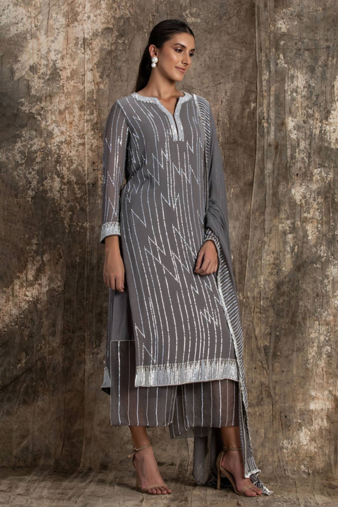 House Of Kotwara Cool Grey Georgette Barq Kurta Set 