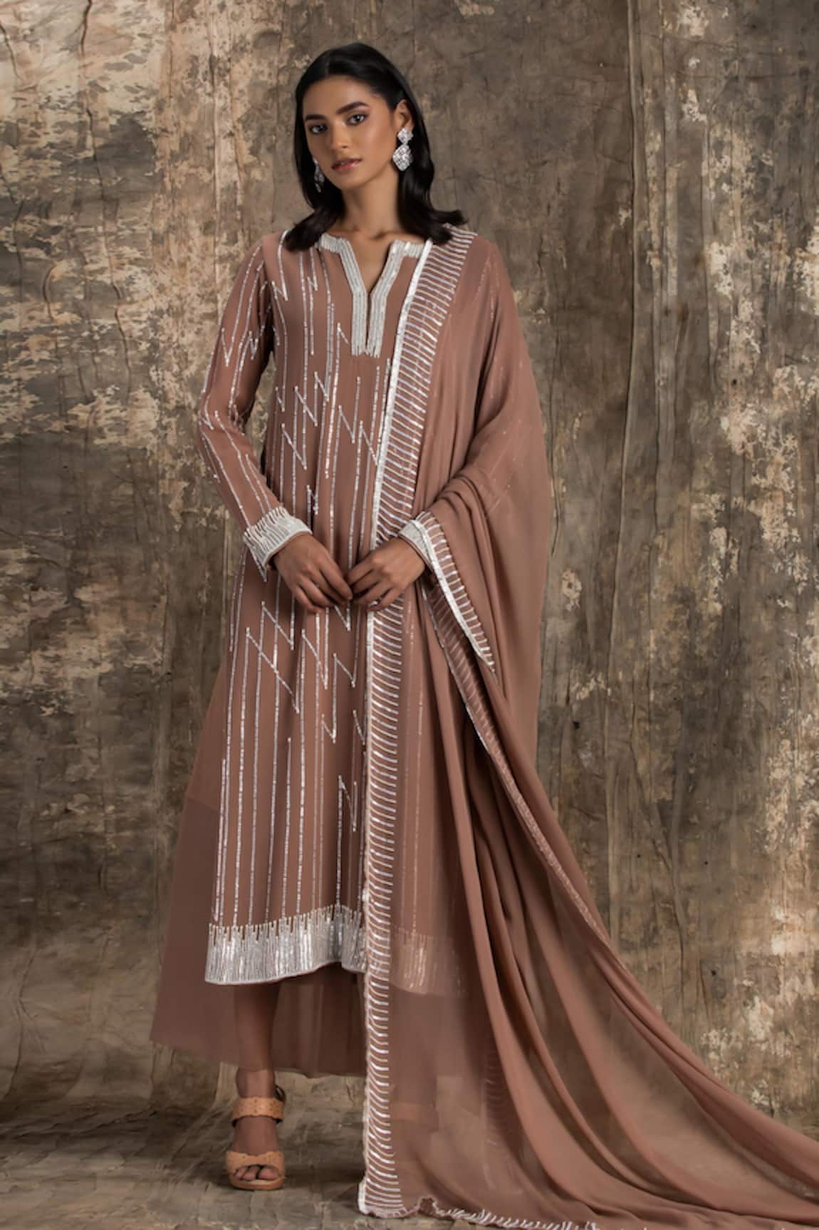 House Of Kotwara Marsala Pink Georgette Barq Kurta Set 