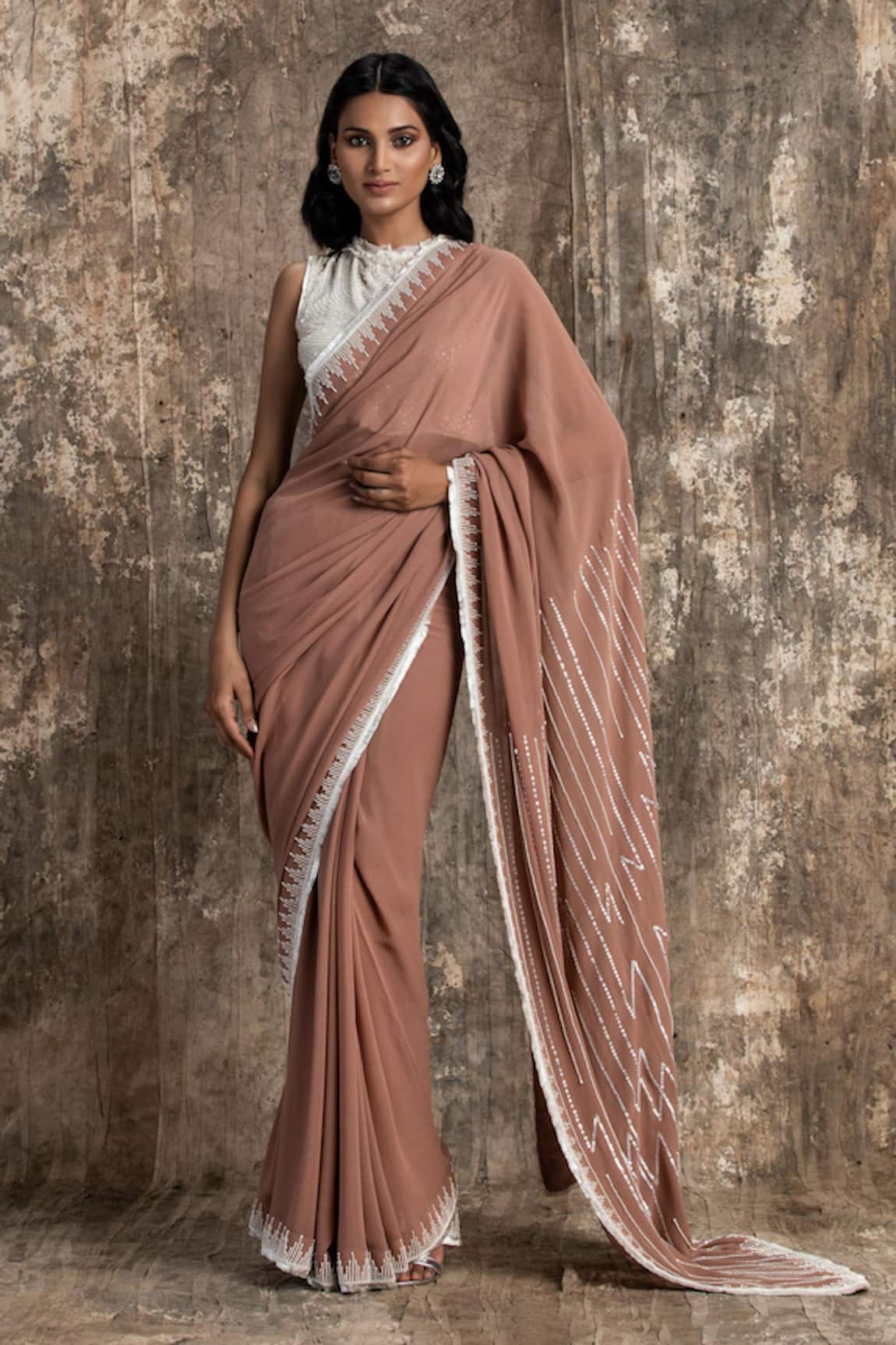 House Of Kotwara Marsala Pink Georgette Barq Saree Set 