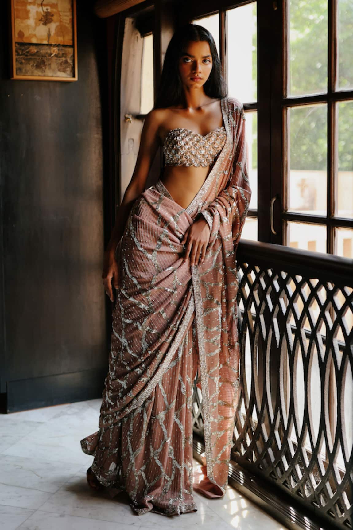 House Of Kotwara Dusky Rose Georgette Thunder Saree Set 