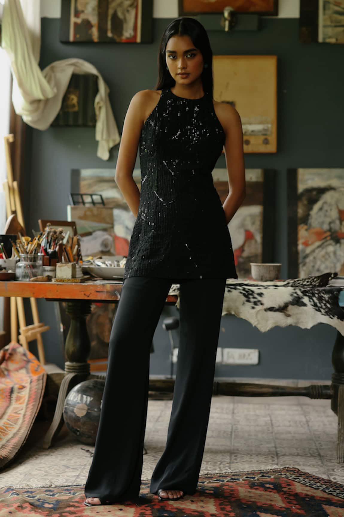 House Of Kotwara Black Double Georgette Kurta Set 