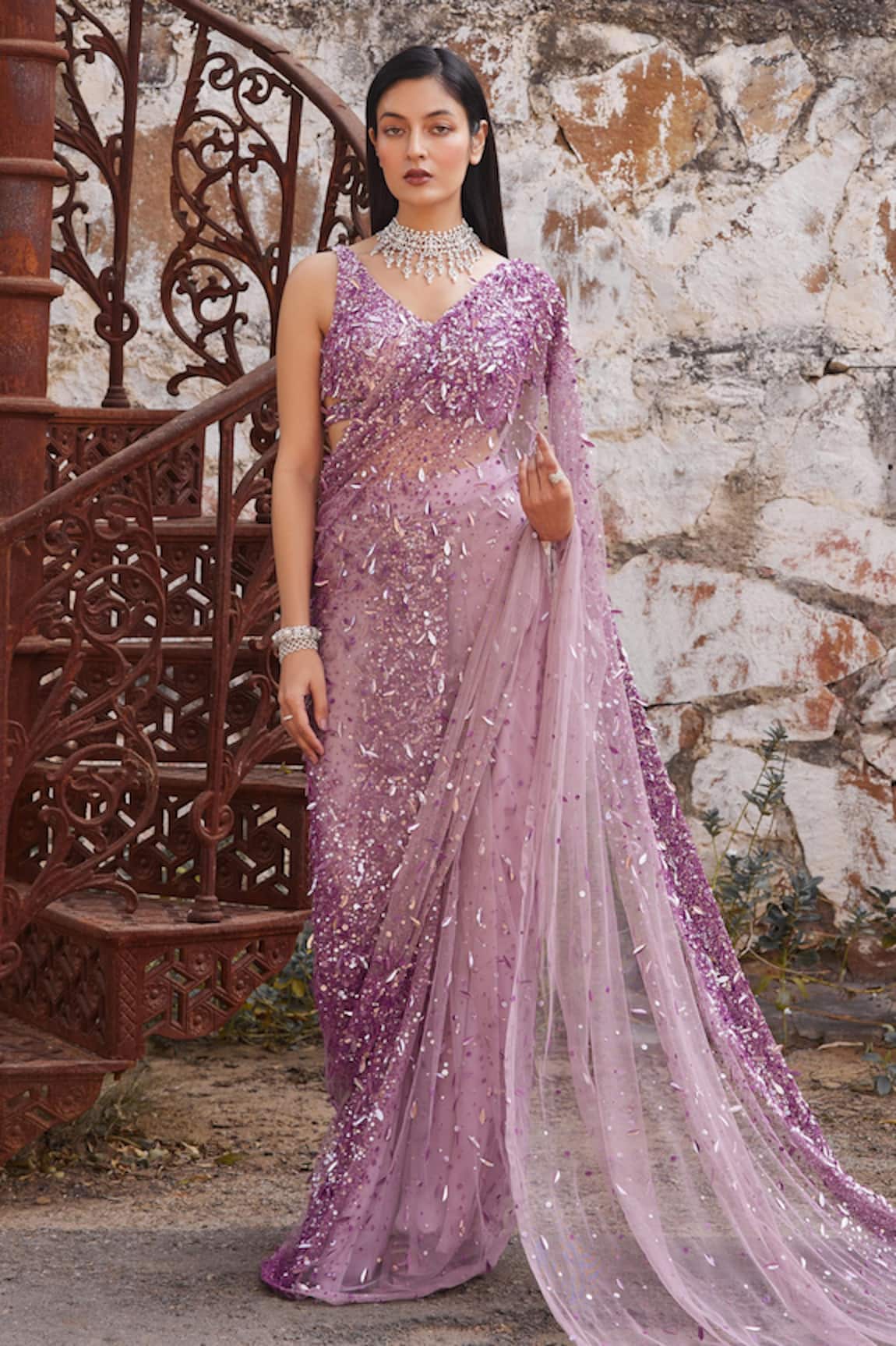 Mehul Gupta Lavender Hand Embroidered Pre-Draped Saree With Blouse 