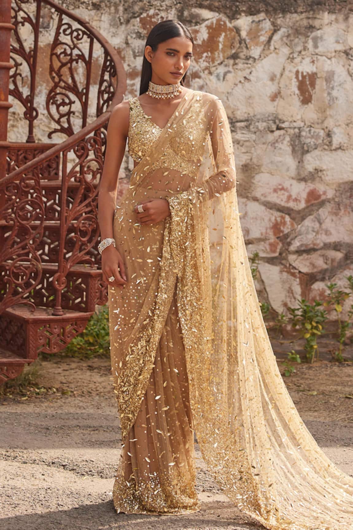 Mehul Gupta Gold Hand Embroidered Pre-Draped Saree Set 