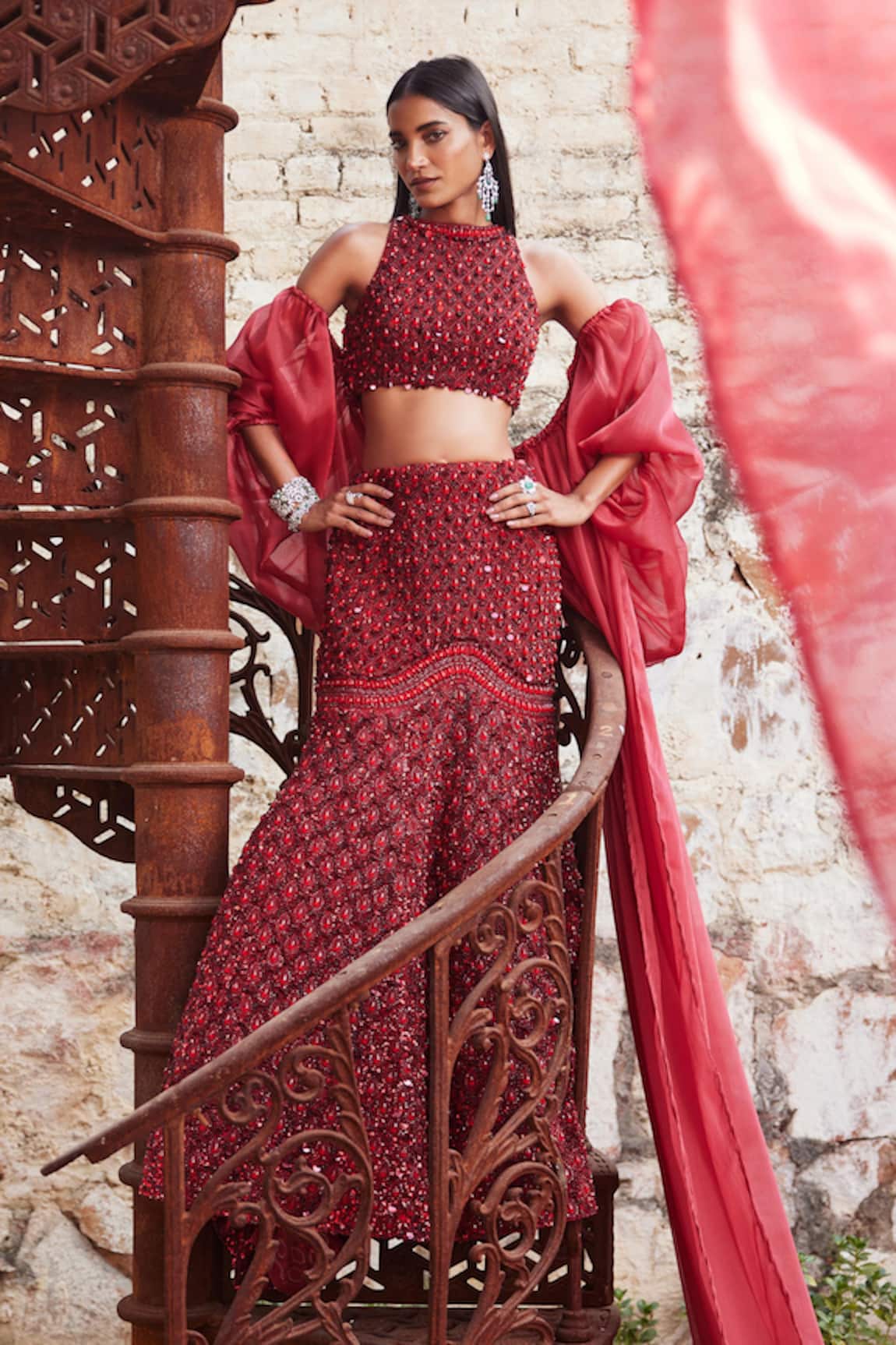 Mehul Gupta Red Hand Embroidered Lehenga Set 