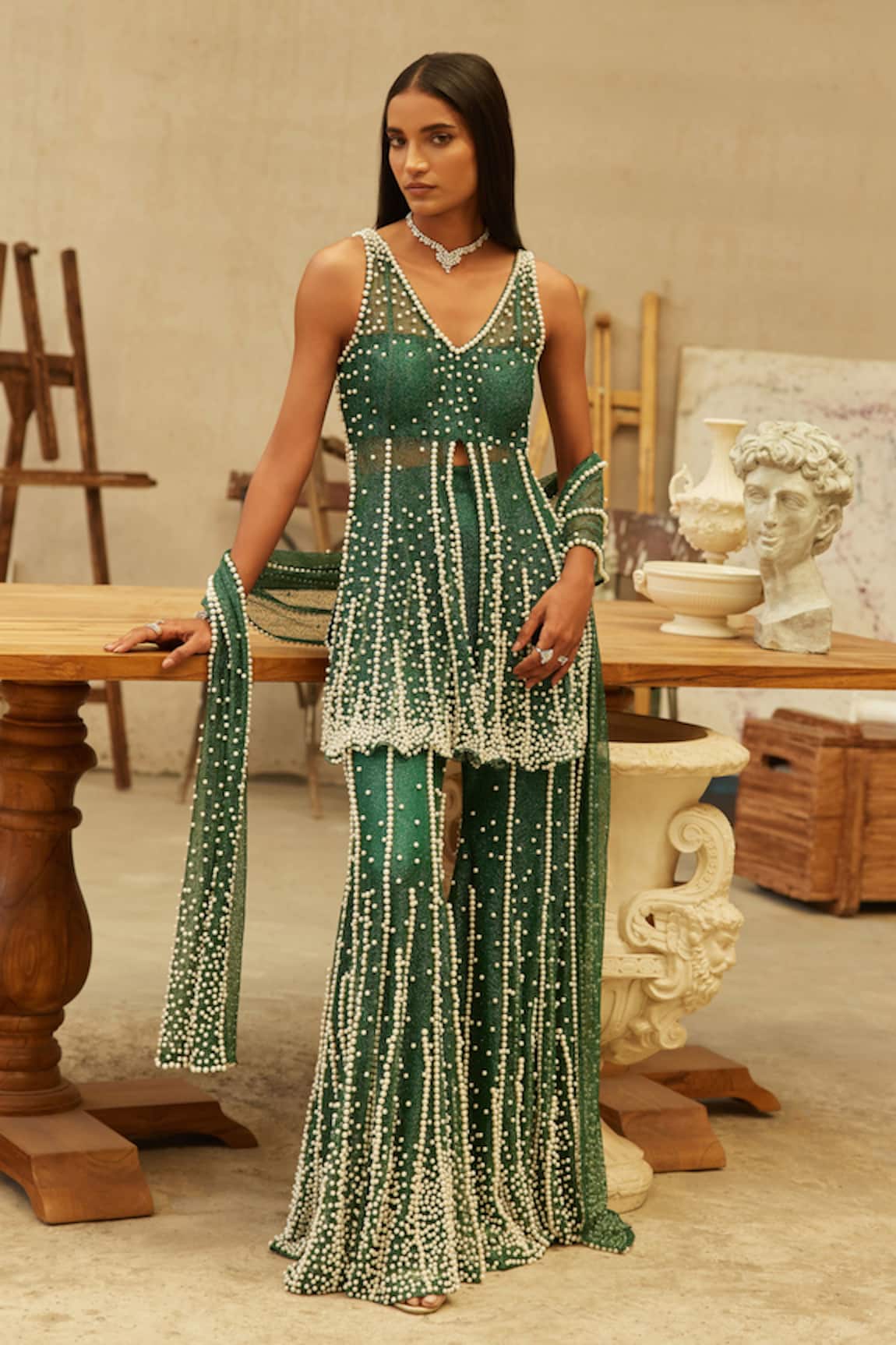 Mehul Gupta Green Hand Embroidered Kurta Sharara Set 