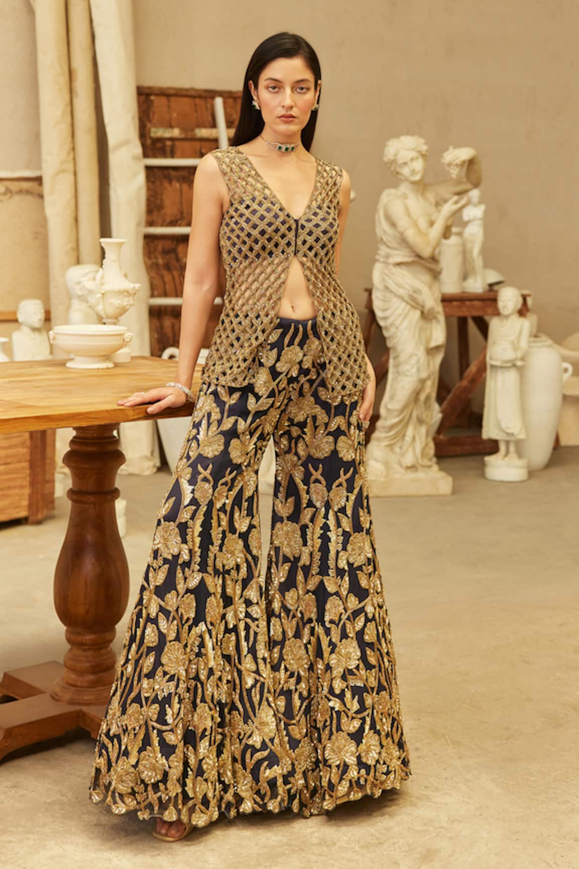 Mehul Gupta Gold & Blue Hand Embroidered Kurta Sharara Set 