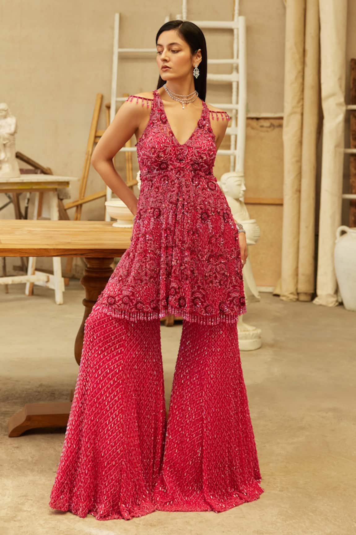 Mehul Gupta Hot Pink Hand Embroidered Kurta Sharara Set 