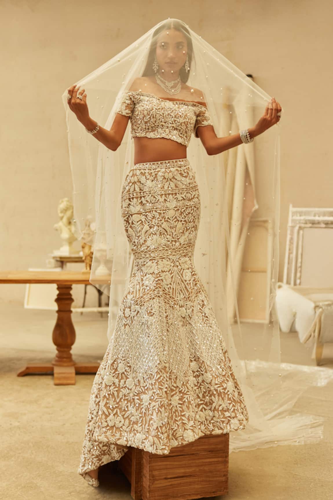 Mehul Gupta Ivory & Beige Hand Embroidered Lehenga Set 
