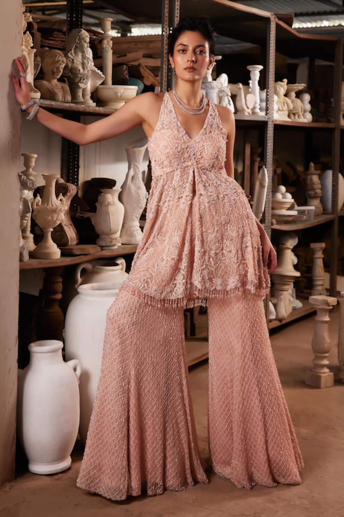 Mehul Gupta Baby Pink Hand Embroidered Tunic Sharara Set 