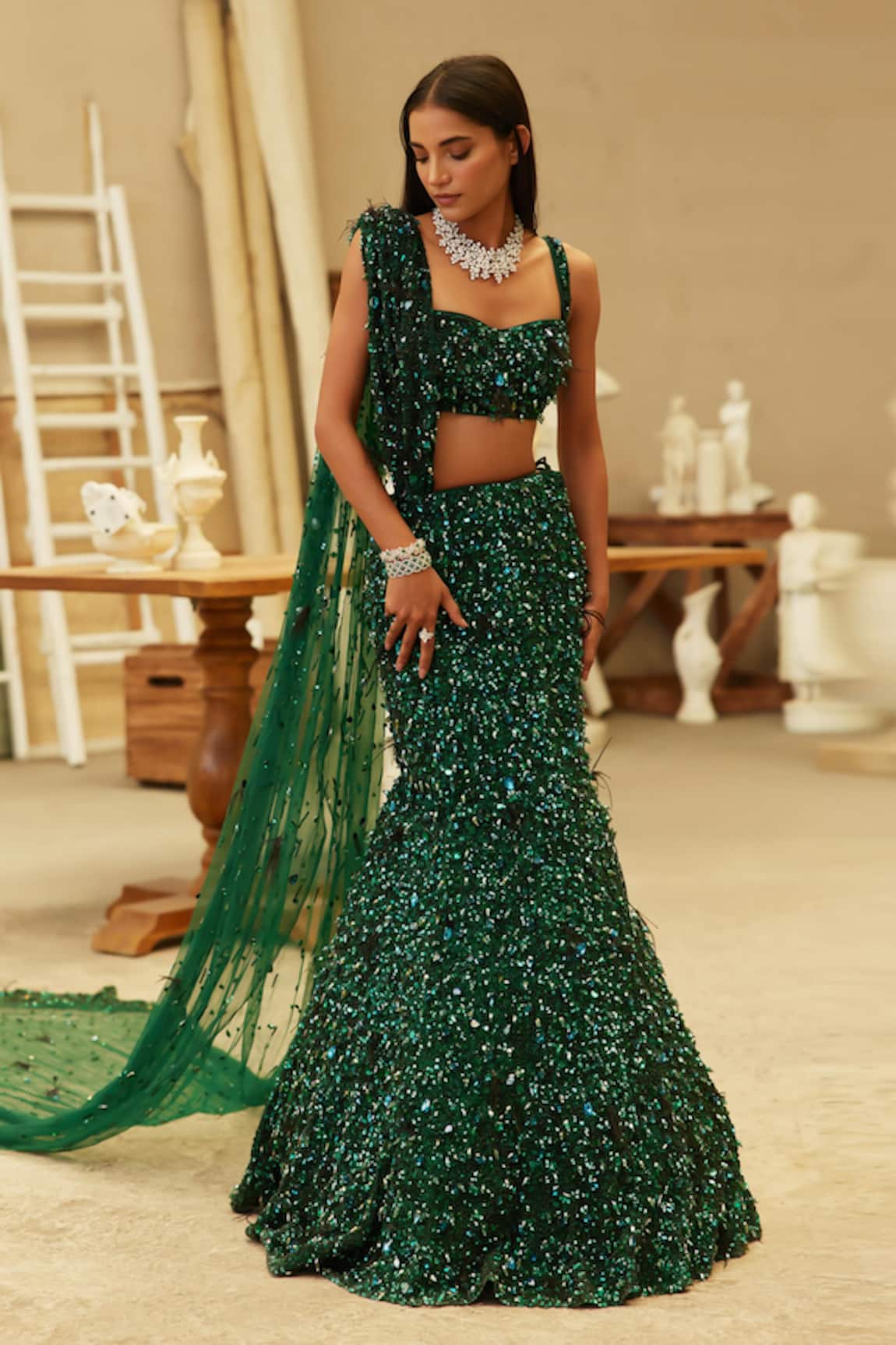 Mehul Gupta Green Hand Embroidered Lehenga Set 