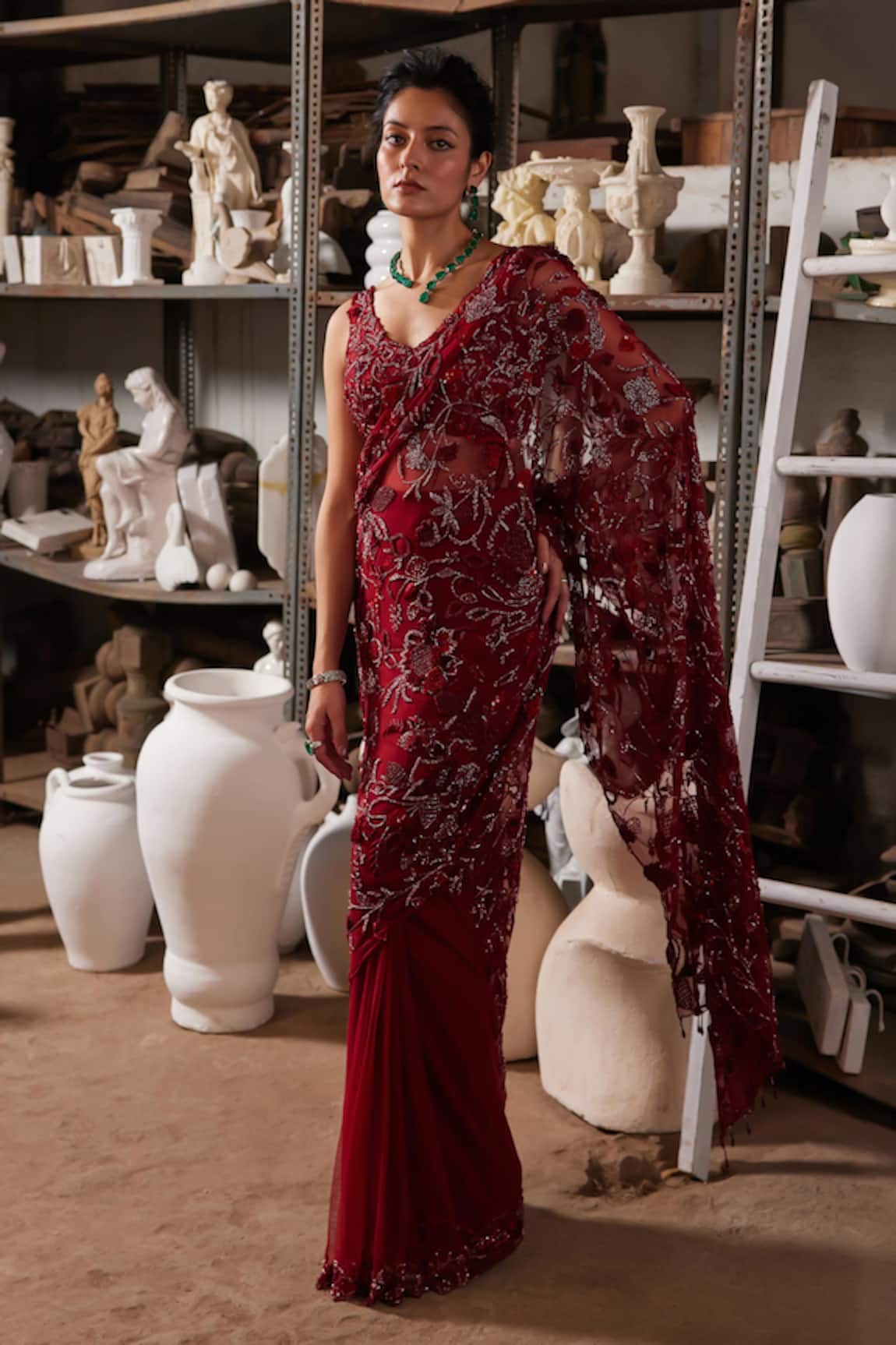 Mehul Gupta Red Hand Embroidered Pre-Draped Saree Set 