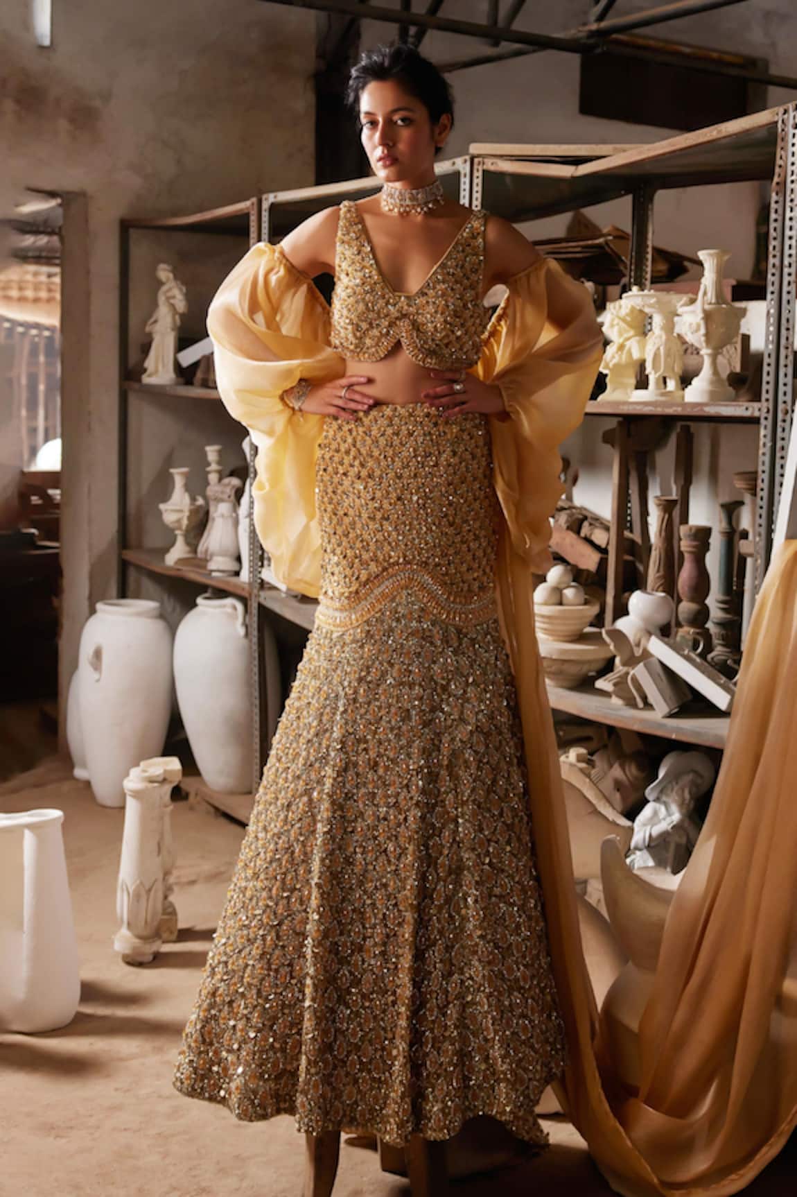 Mehul Gupta Gold Hand Embroidered Lehenga Set 