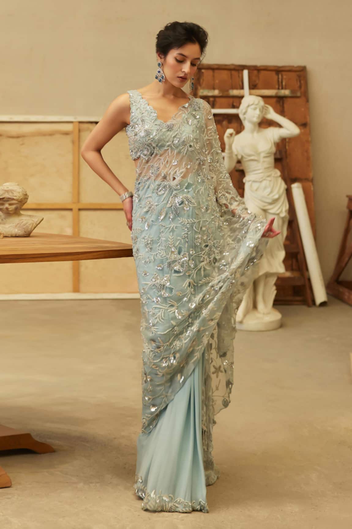 Mehul Gupta Ice Blue Hand Embroidered Pre-Draped Saree Set 