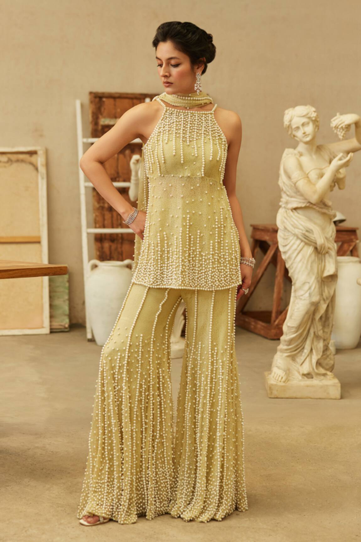 Mehul Gupta Lemon Hand Embroidered Tunic Sharara Set 