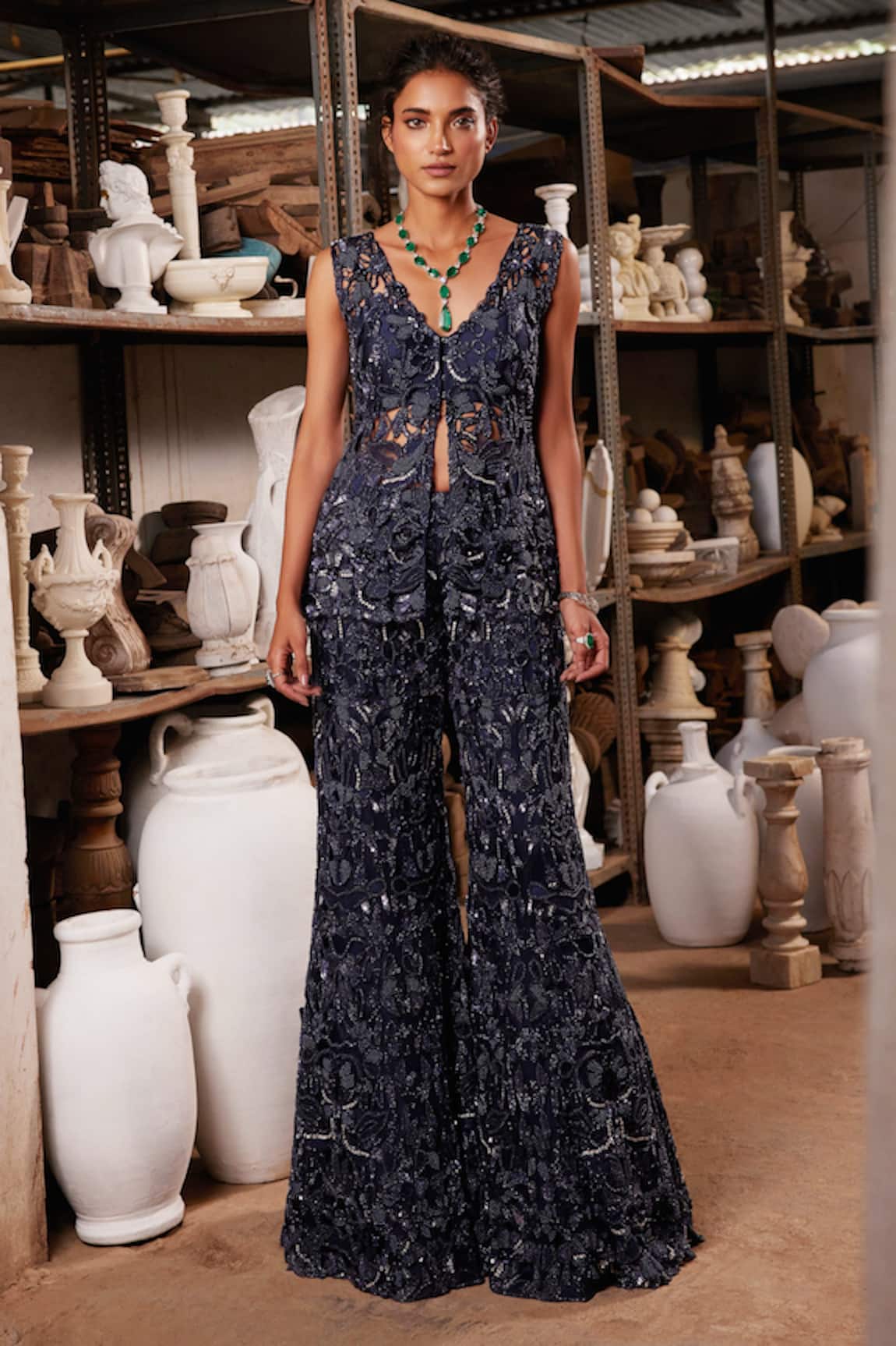 Mehul Gupta Navy Hand Embroidered Jacket Tunic & Sharara Set 