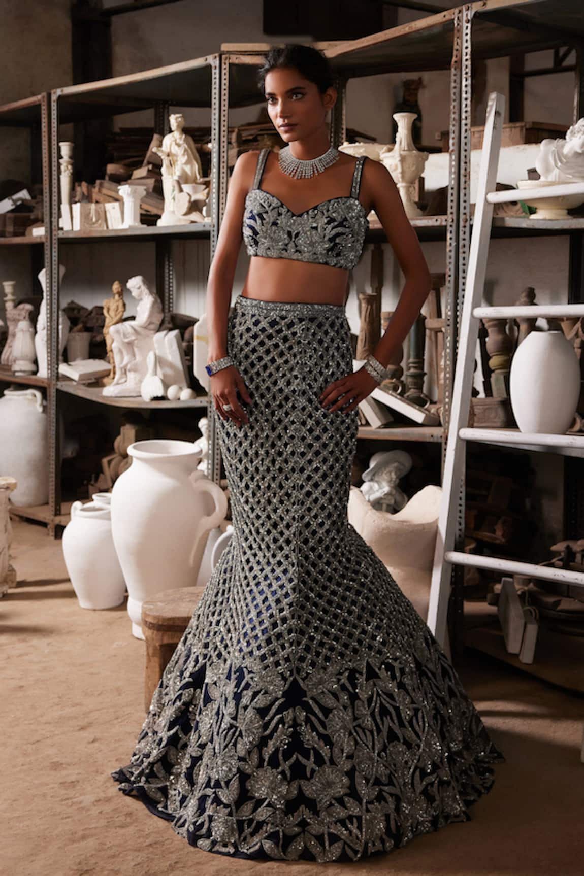 Mehul Gupta Silver & Blue Hand Embroidered Lehenga Set 