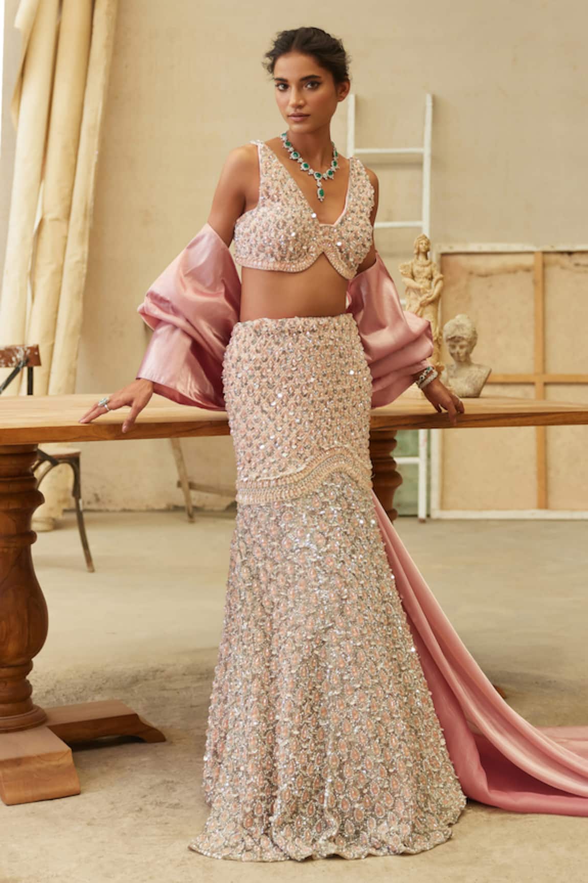 Mehul Gupta Pink & Silver Hand Embroidered Designer Set 
