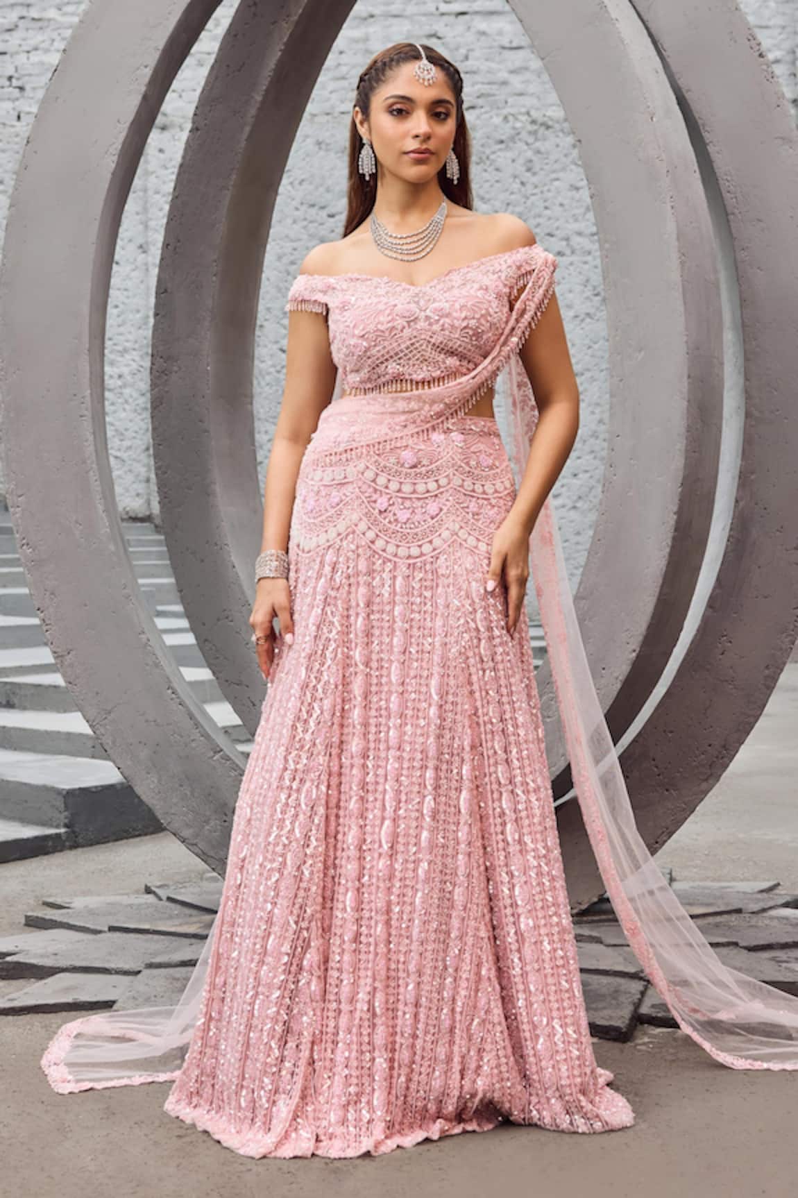 Mehul Gupta Pink Hand Embroidered Lehenga Set 