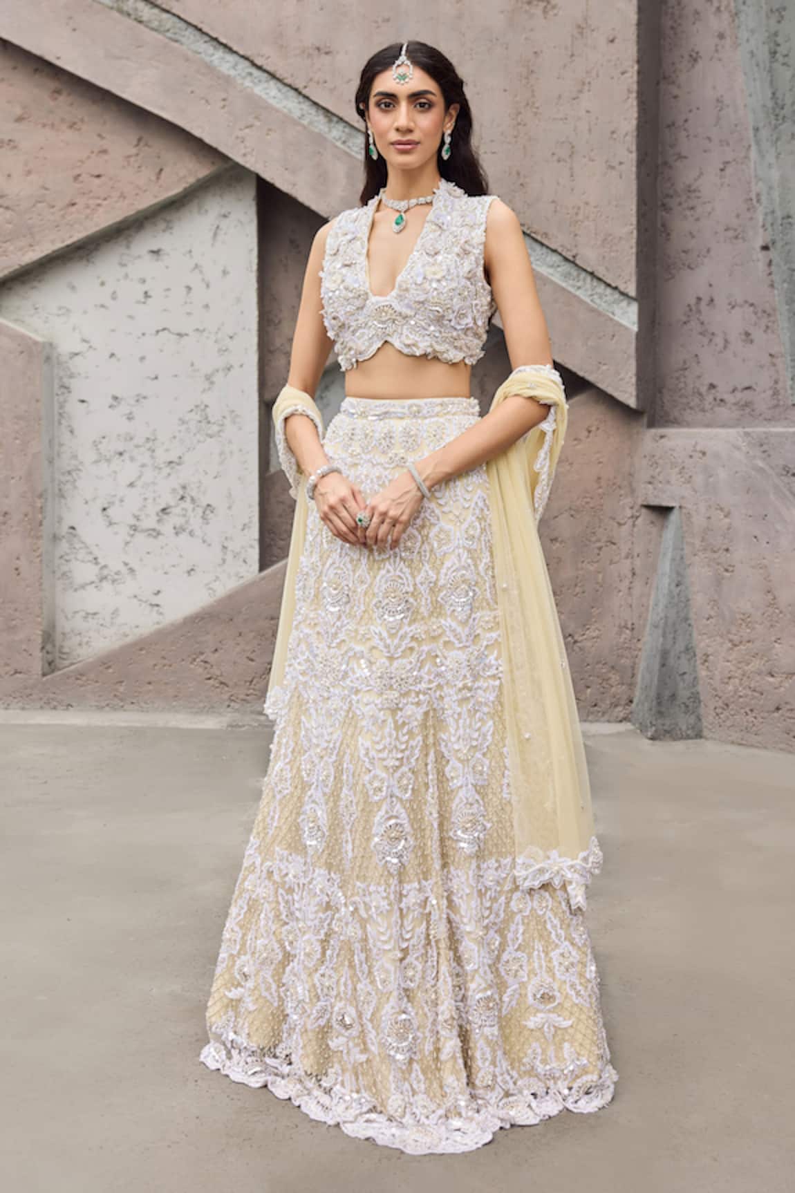 Mehul Gupta Ivory Embroidered Lehenga Set 