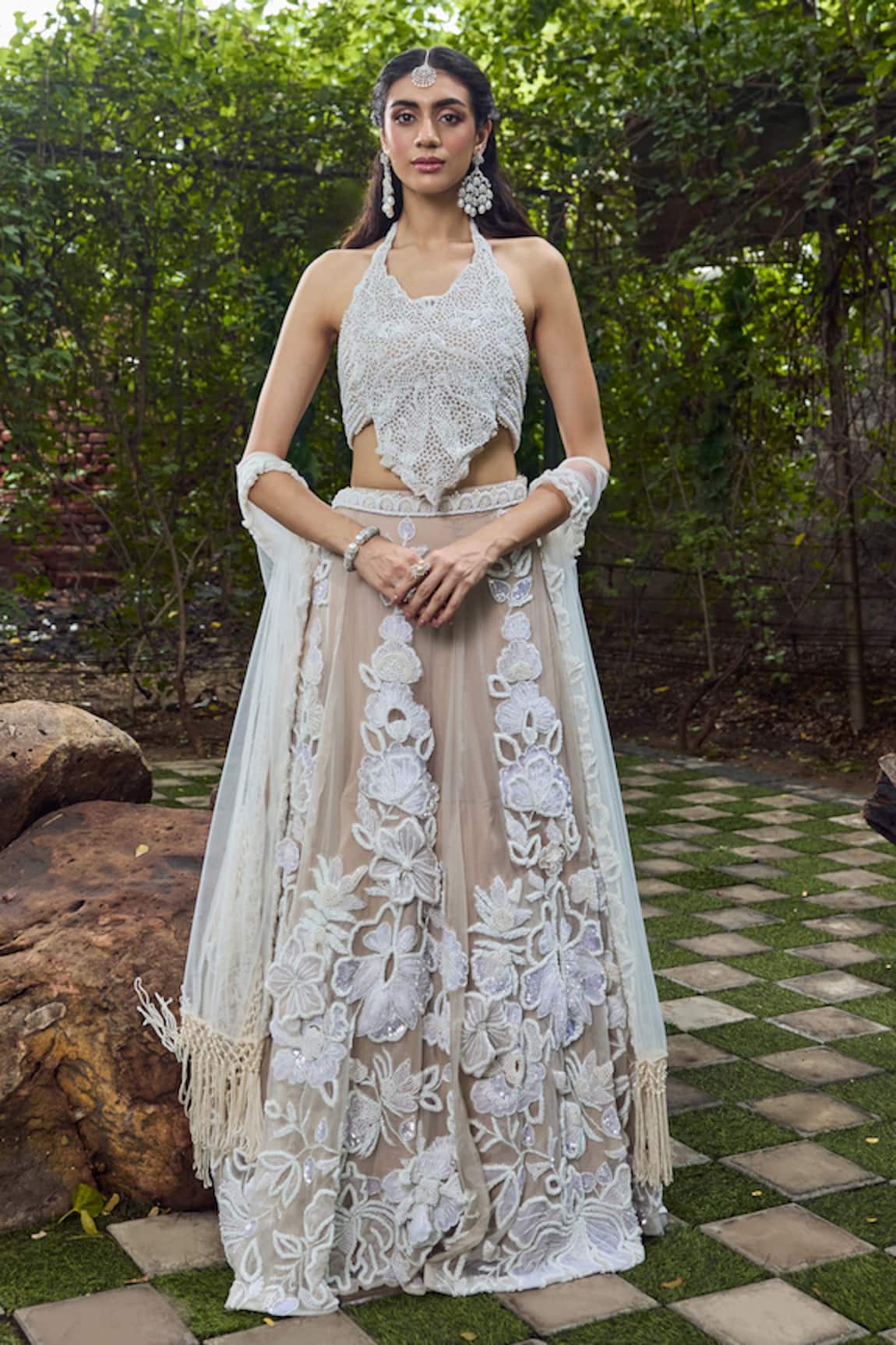 Mehul Gupta Ivory & Beige Hand Embroidered Lehenga Set 