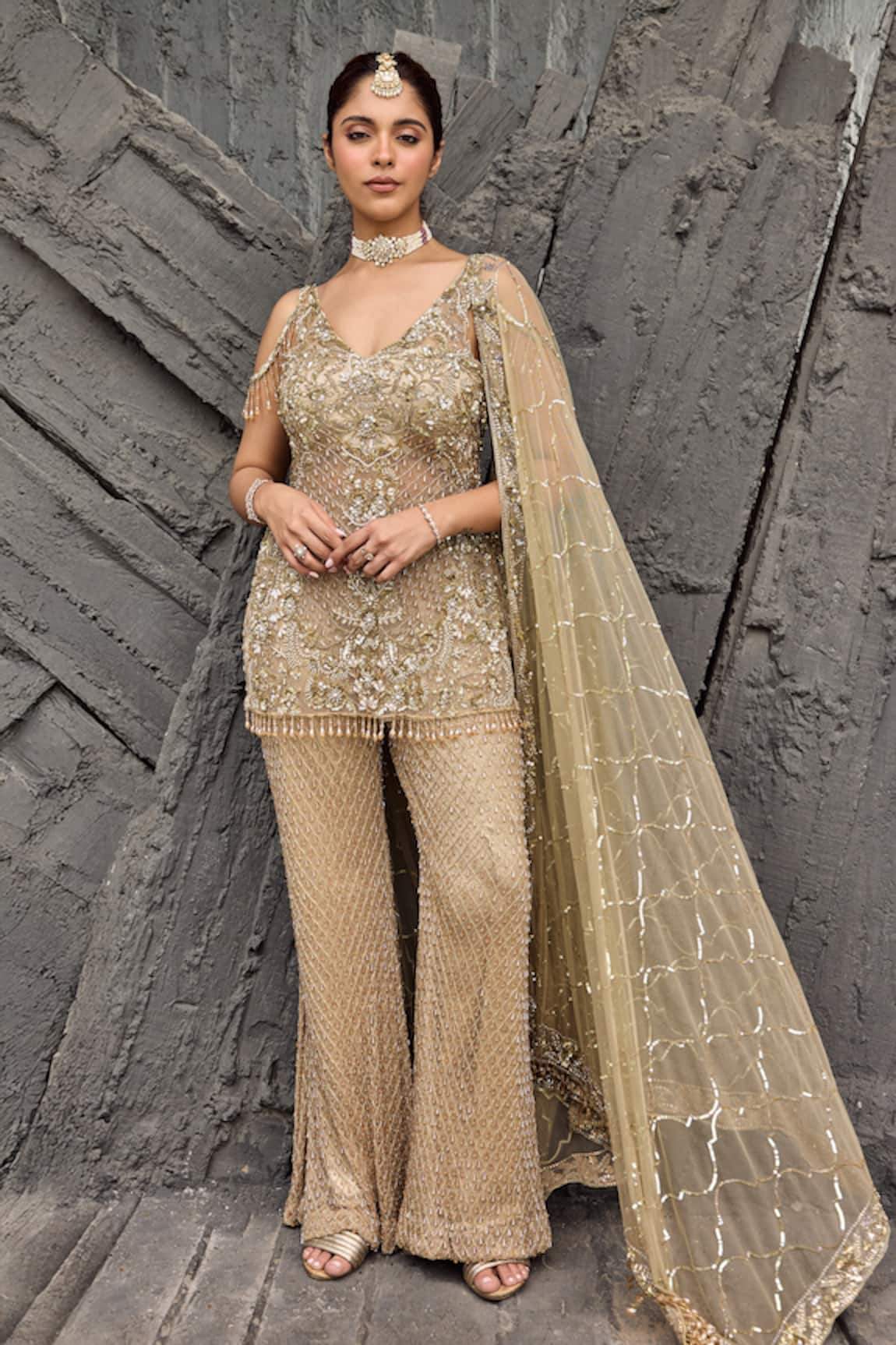 Mehul Gupta Golden Hand Embroidered Tunic Sharara Set 