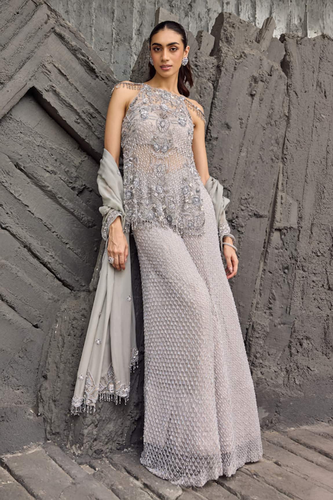 Mehul Gupta Silver Hand Embroidered Tunic Sharara Set 
