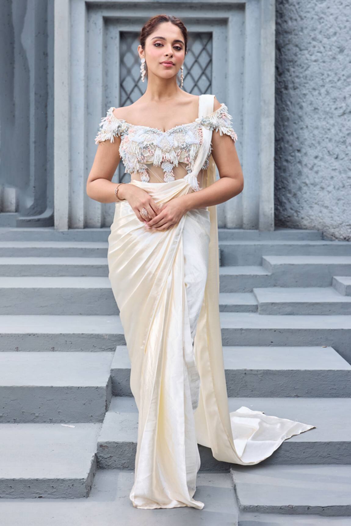 Mehul Gupta Ivory & Coral Hand Embroidered Saree Set 
