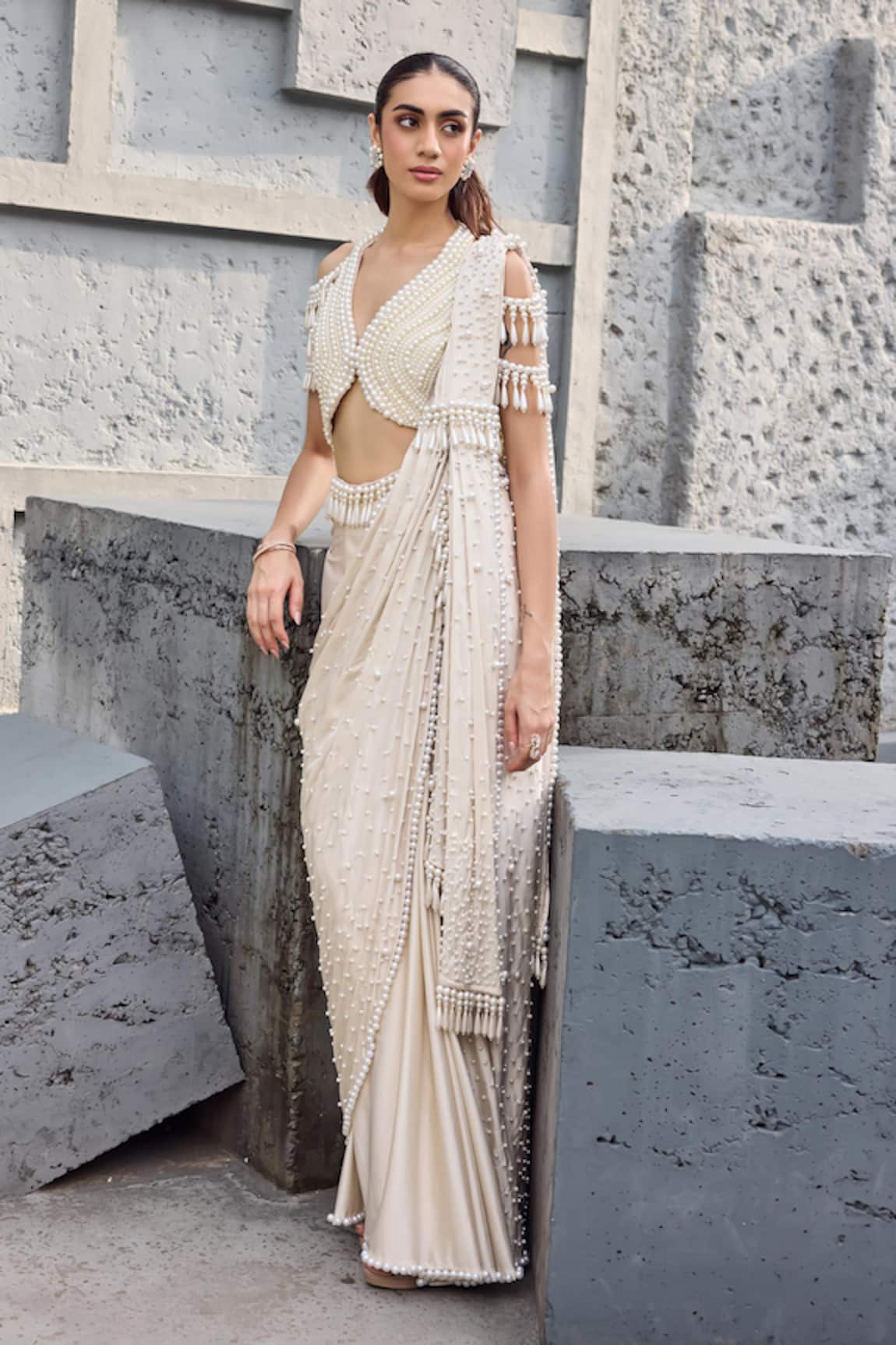 Mehul Gupta Ivory Hand Embroidered Pre-Draped Saree Set 
