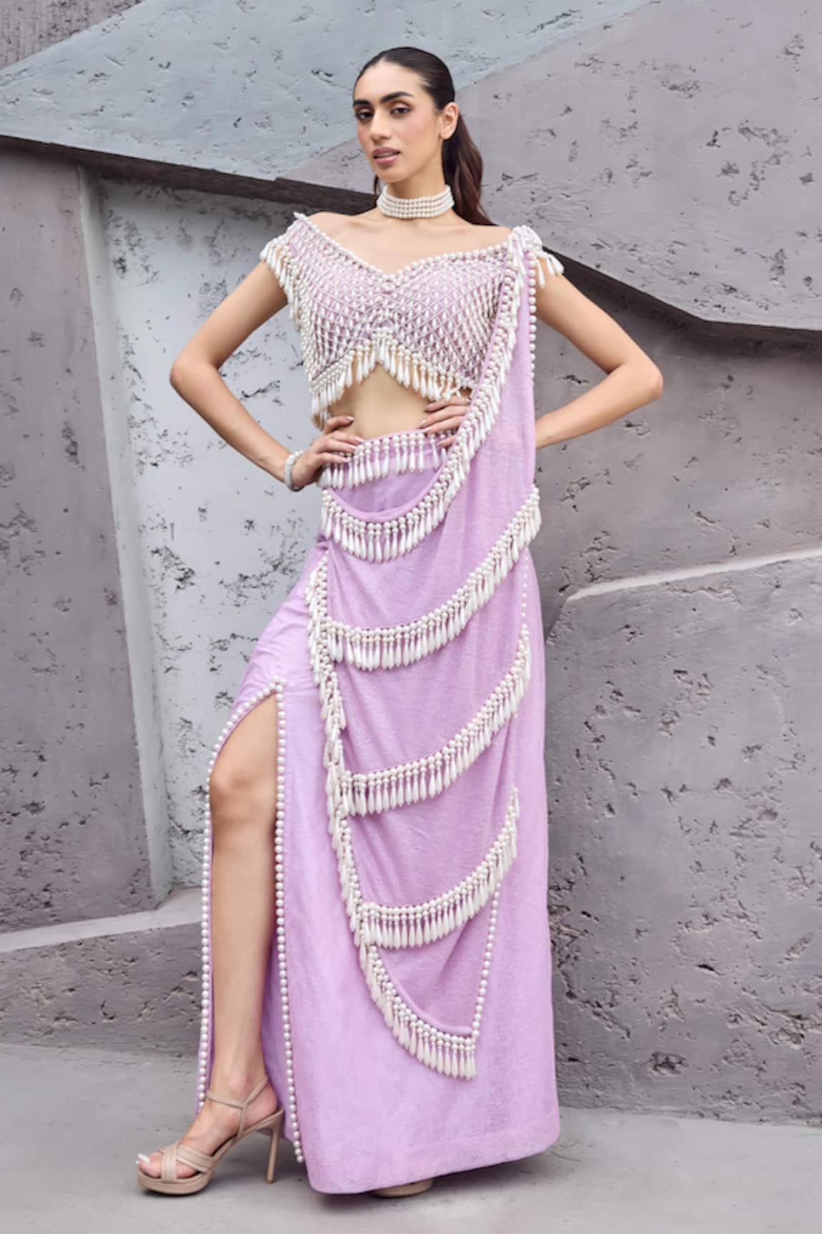 Mehul Gupta Lavender Hand Embroidered Pre-Draped Saree Set 
