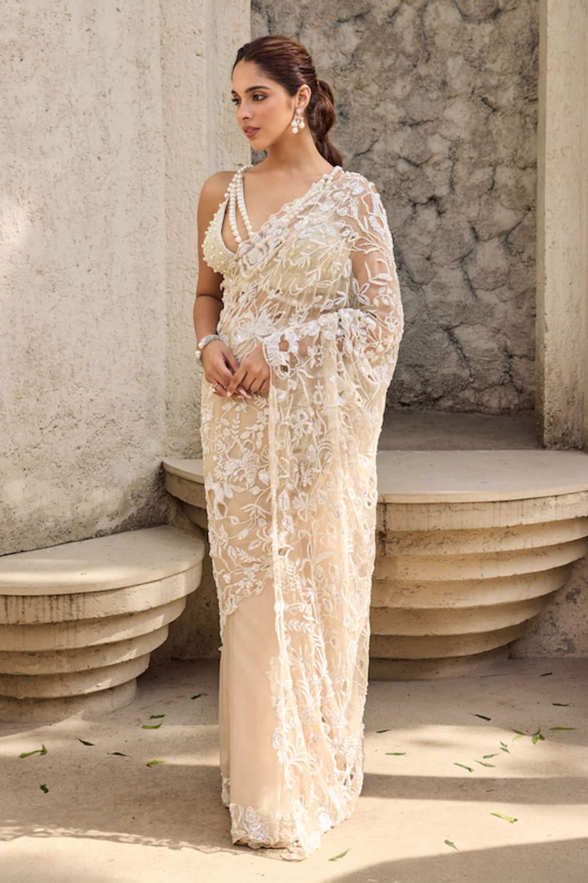 Mehul Gupta Ivory Hand Embroidered Pre-Draped Saree Set 