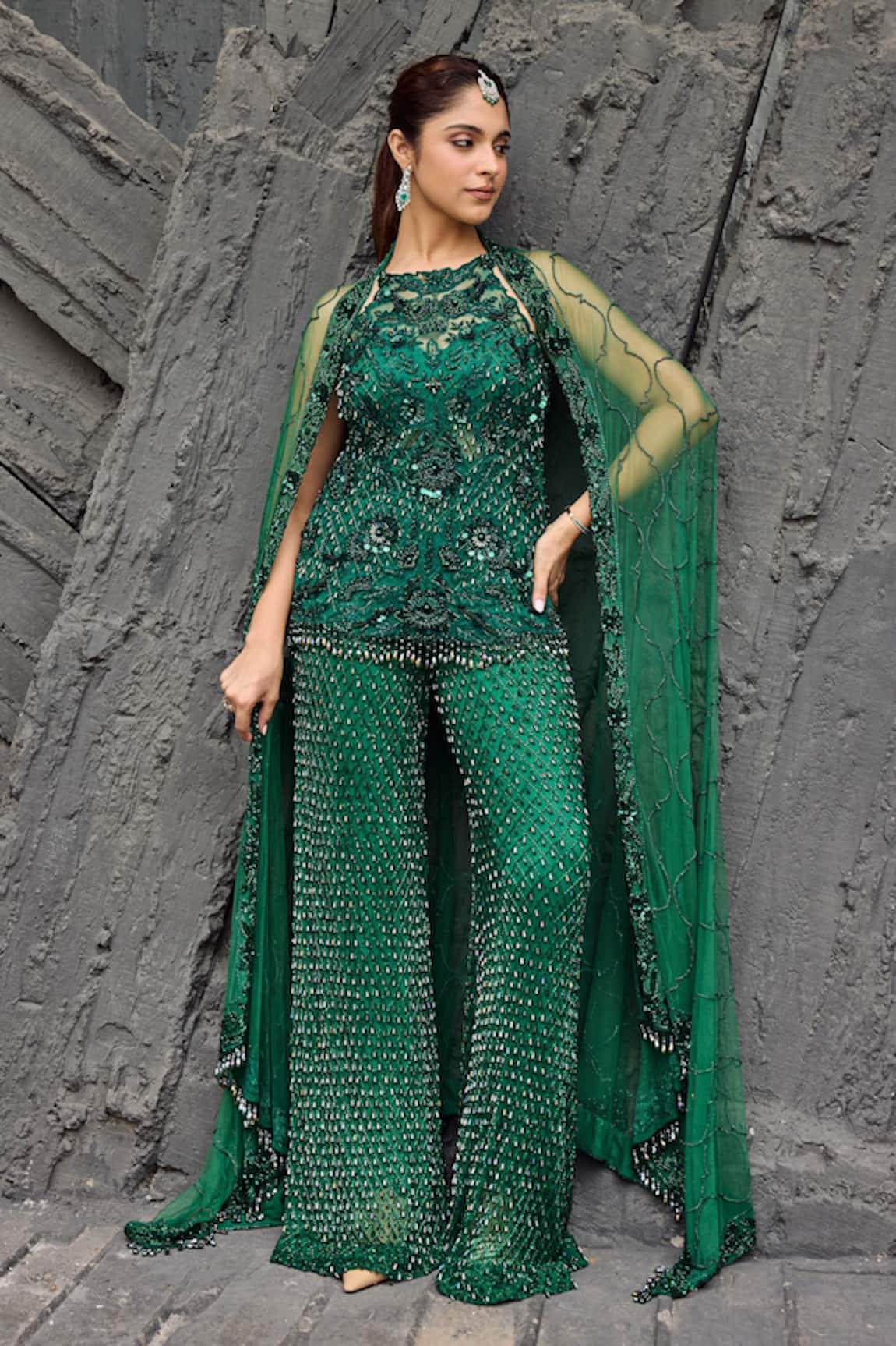 Mehul Gupta Green Hand Embroidered Tunic Sharara Set 