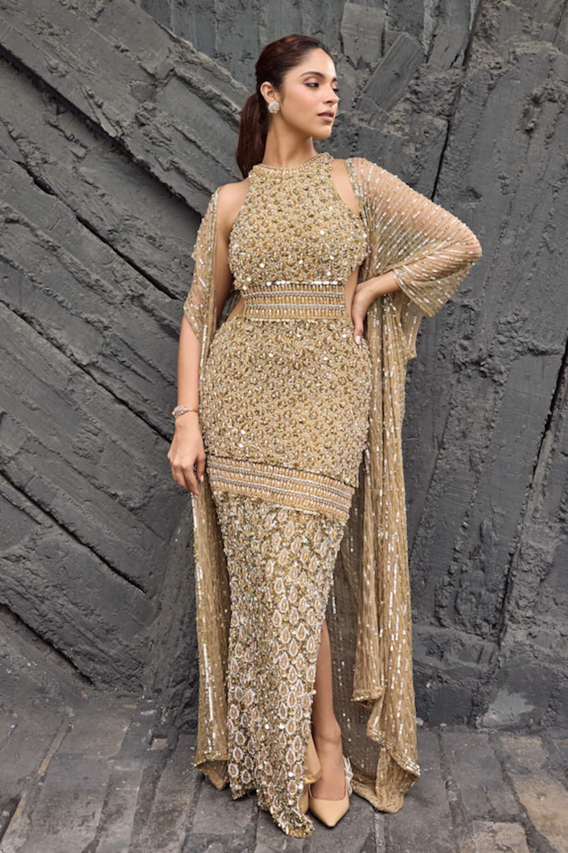 Mehul Gupta Gold Hand Embroidered Gown Set 