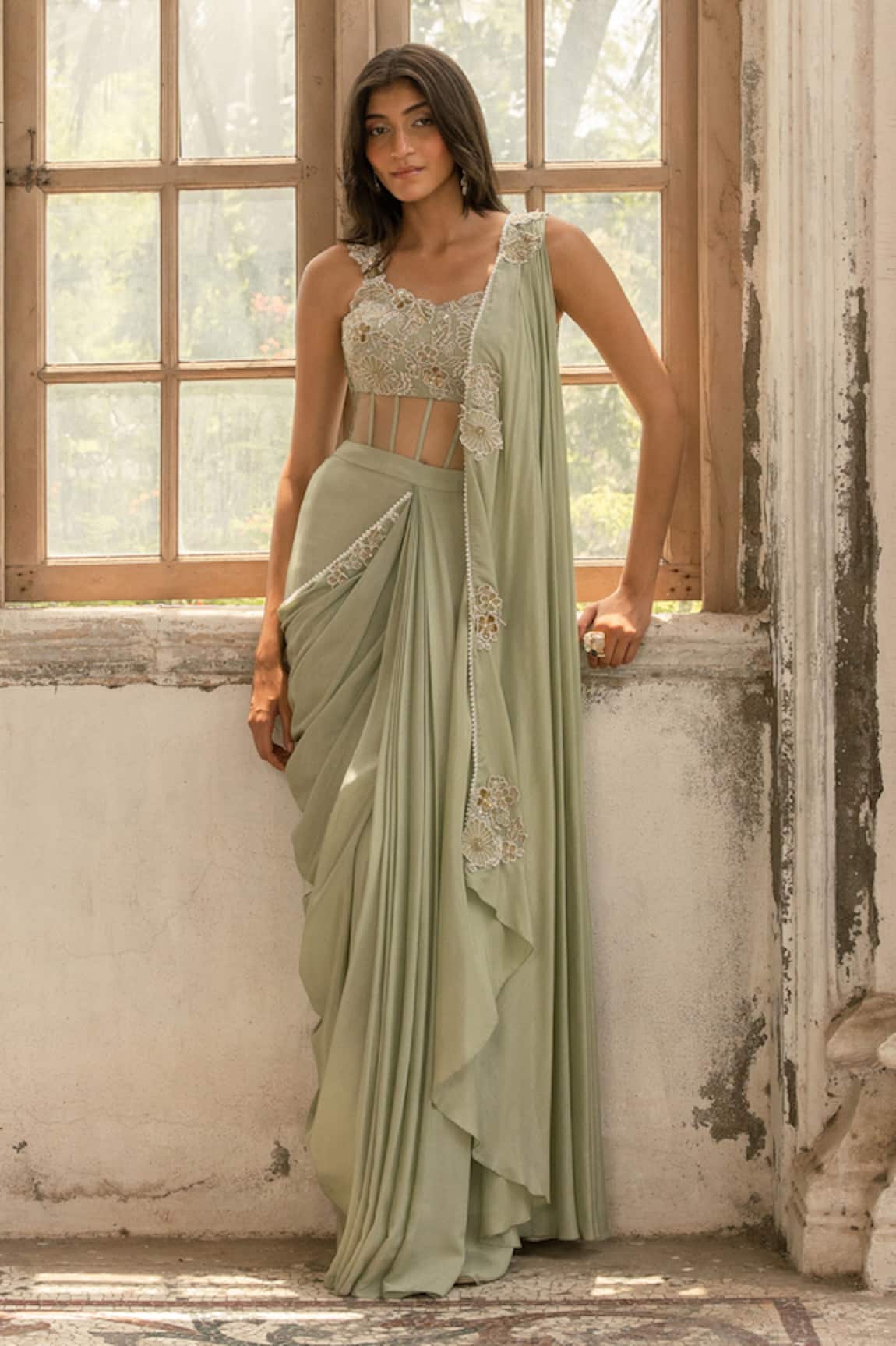 Parshya Green Embroidered Pre-Draped Saree Set 