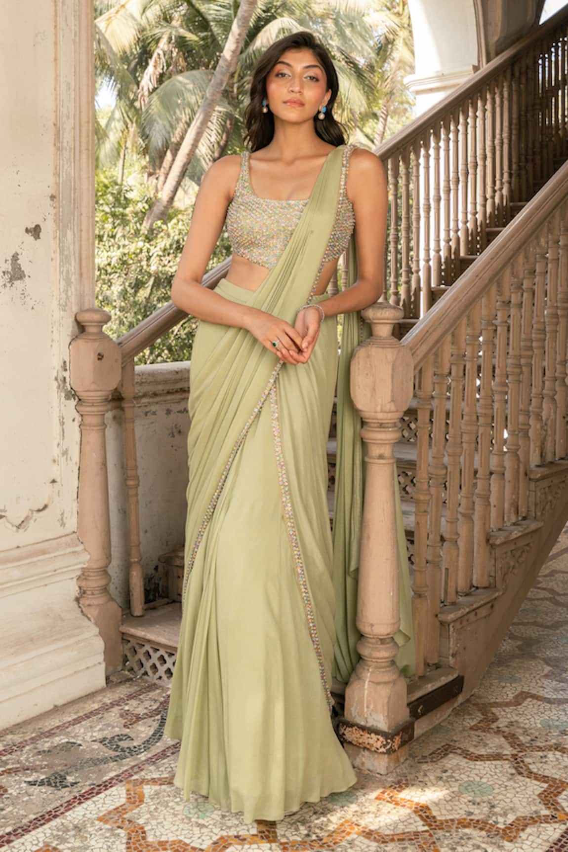 Parshya Pale Green Hand Embroidered Saree Set 