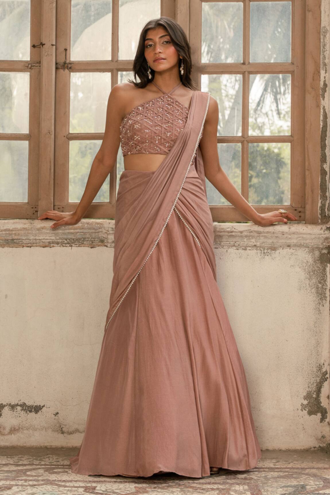 Parshya Mauve Pink Hand Embroidered Saree Set 