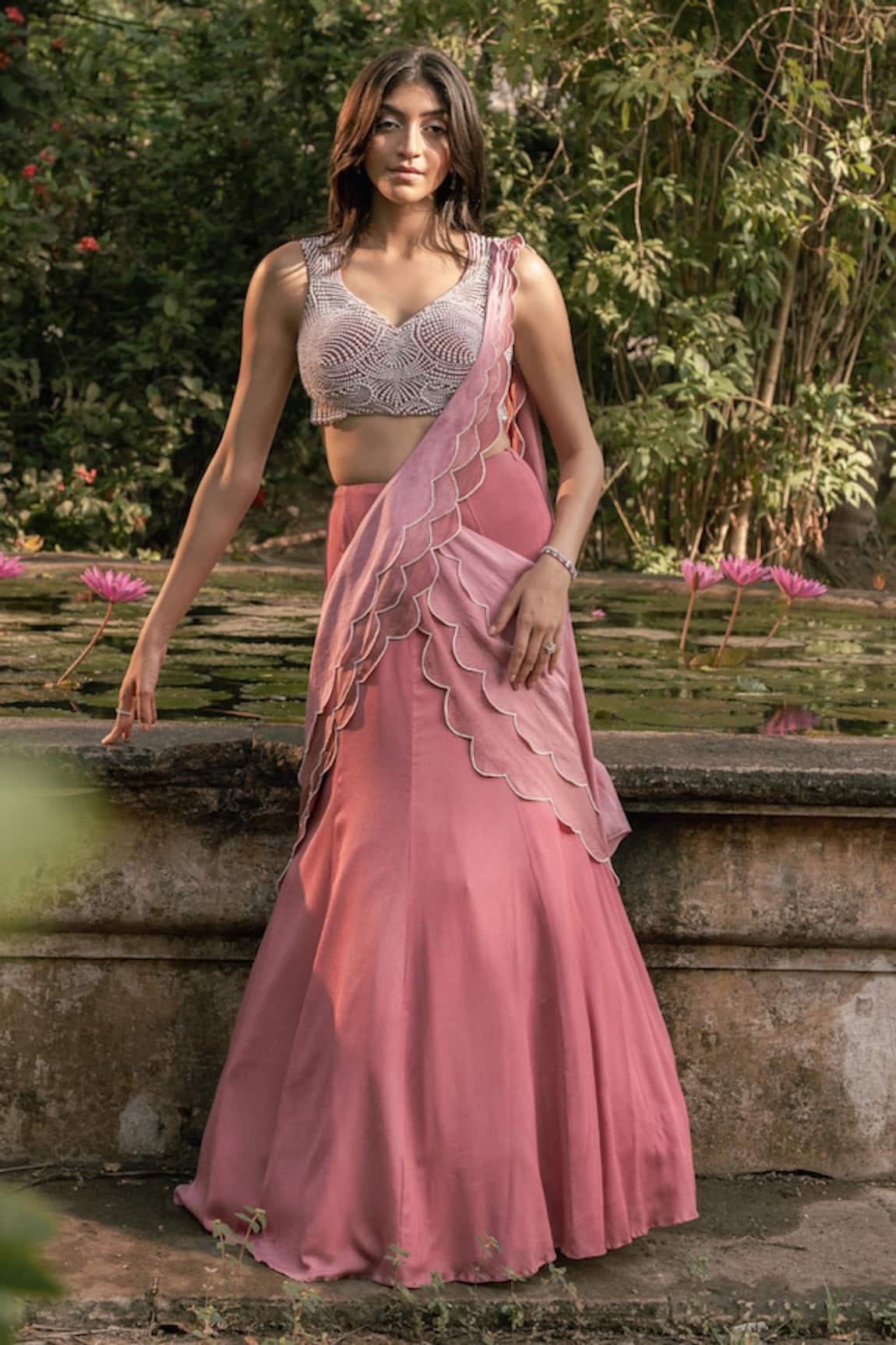 Parshya Pink Hand Embroidered Pre-Draped Saree Set 
