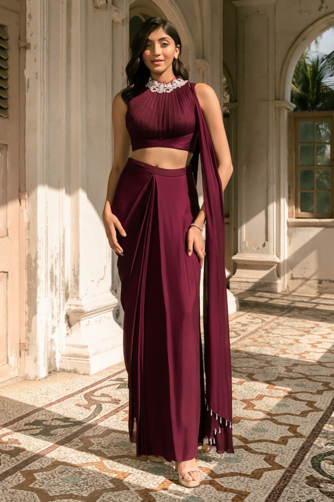 Parshya Maroon Hand Embroidered Blouse & Saree Set 