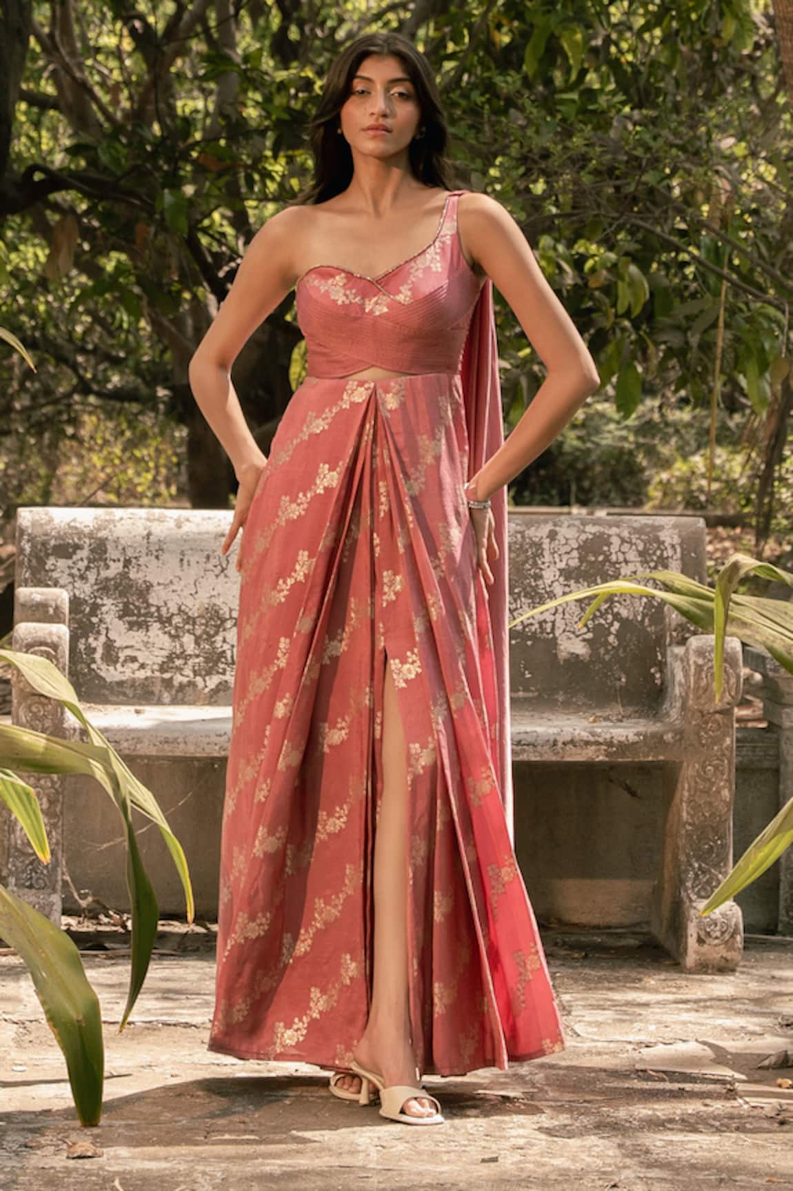 Parshya Pink Hand Embroidered Saree Gown 