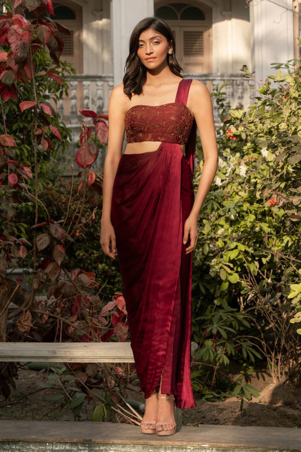 Parshya Maroon Hand Embroidered Saree Gown 